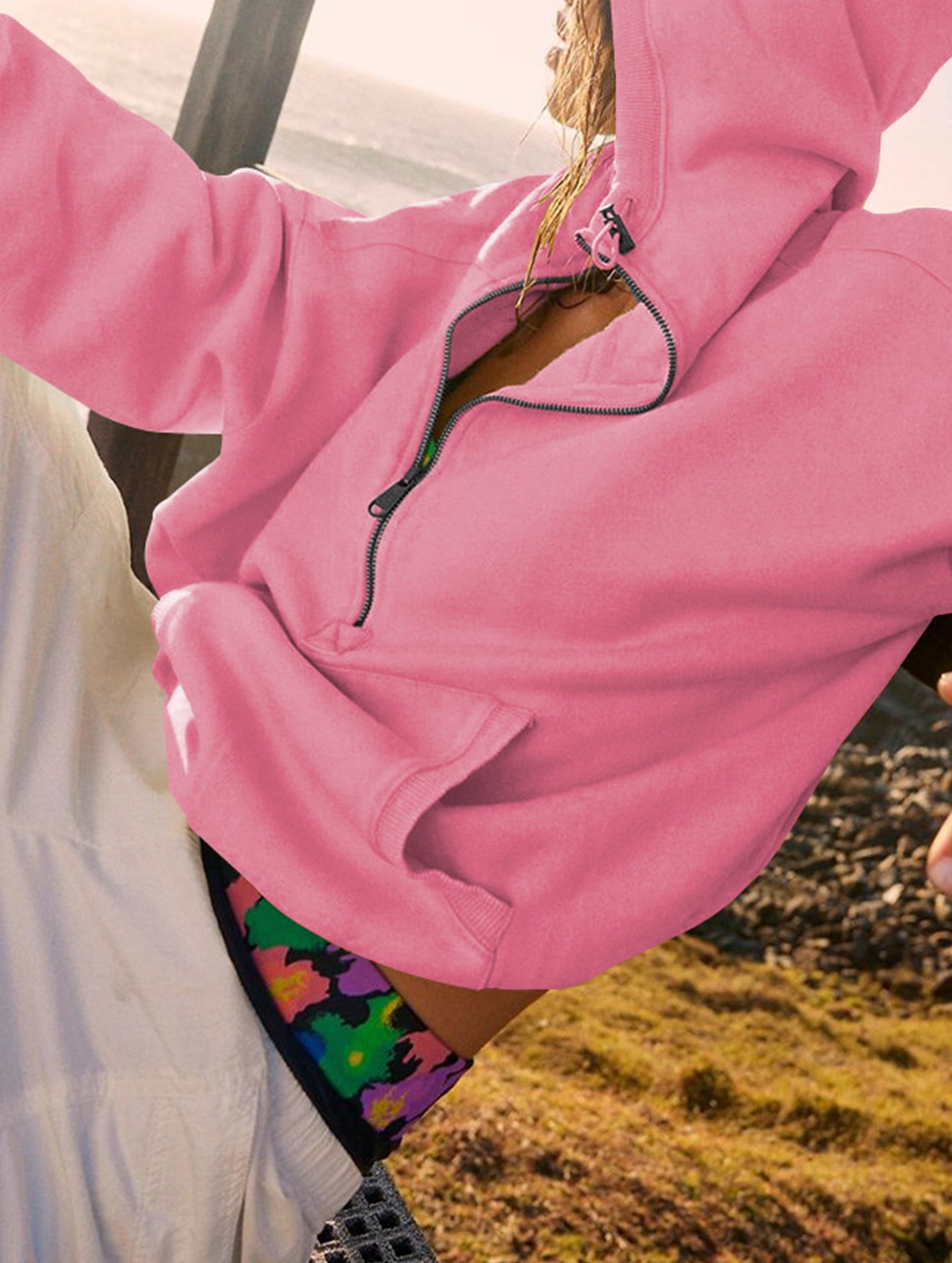Sports Hoodie Zip-up Drawstring Long Sleeve Top