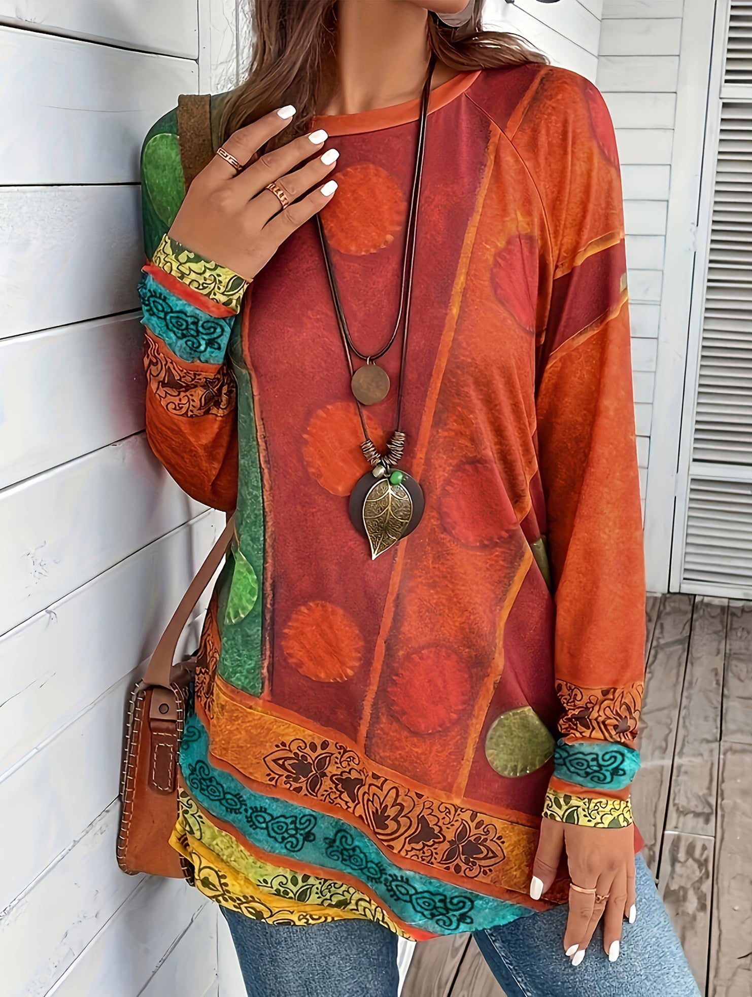 Retro Printed Crew Neck Long Sleeve Top