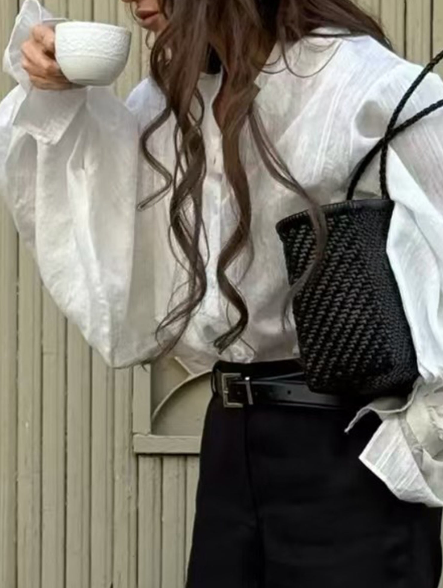 Loose lapel lantern sleeve long-sleeved shirt