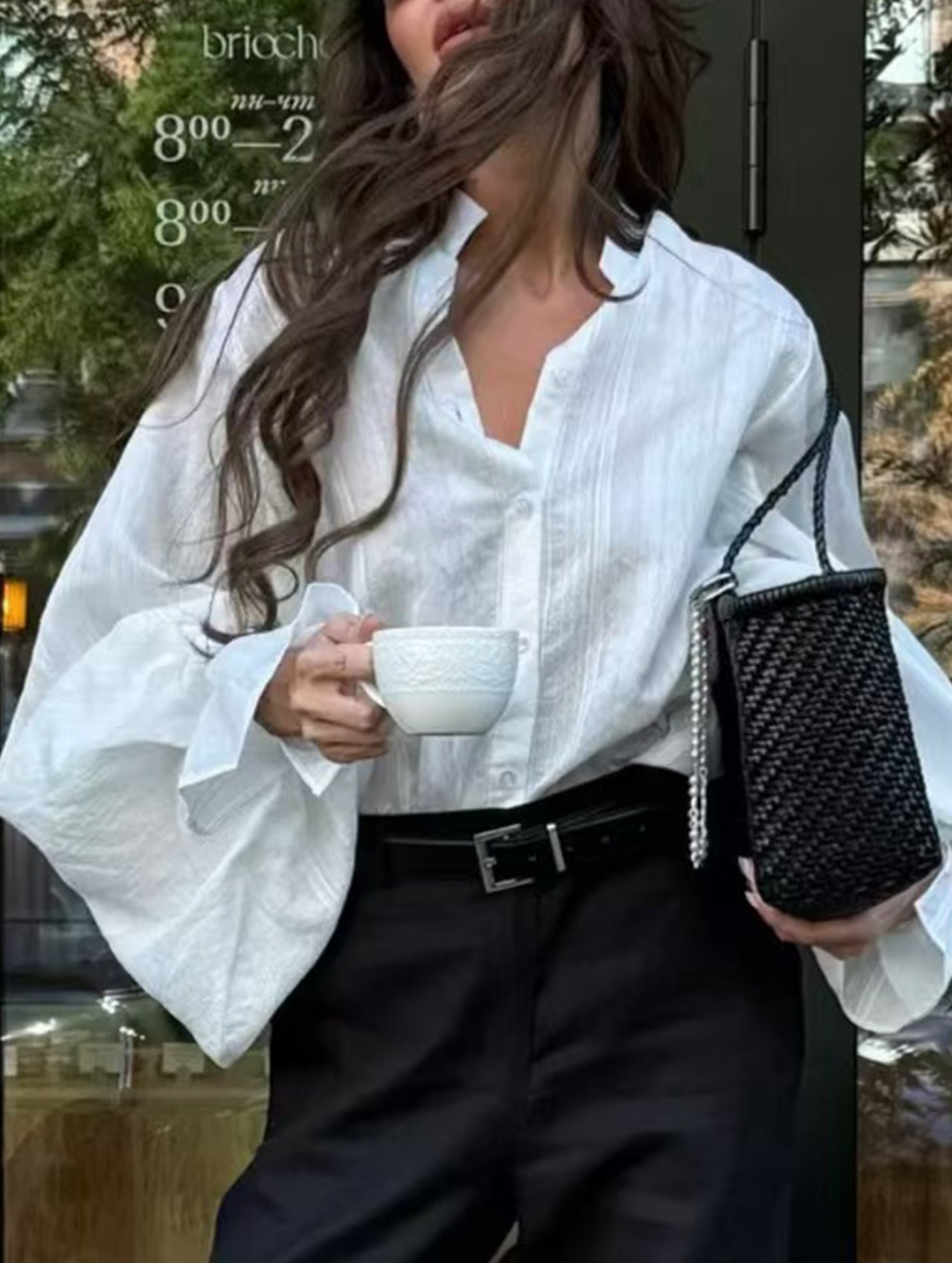 Loose lapel lantern sleeve long-sleeved shirt