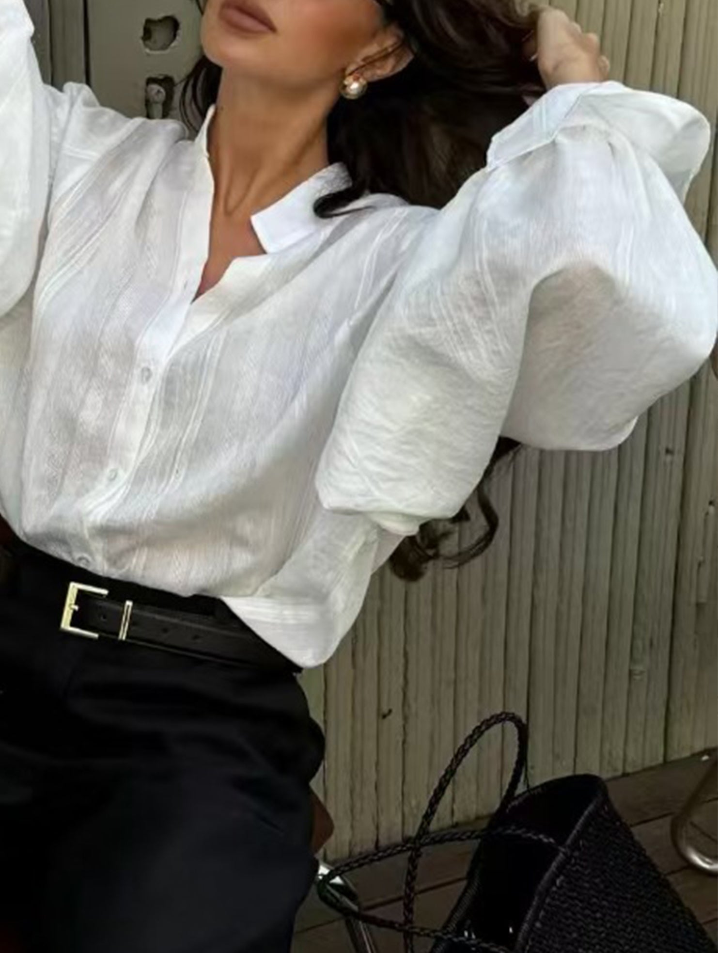 Loose lapel lantern sleeve long-sleeved shirt