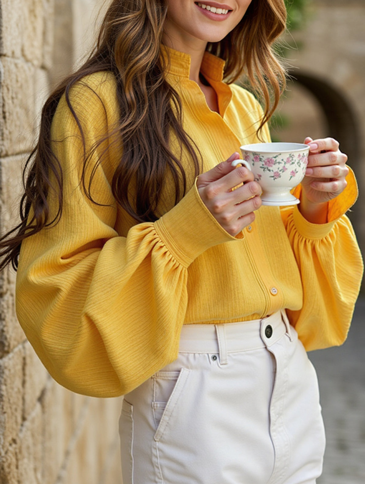 Loose lapel lantern sleeve long-sleeved shirt