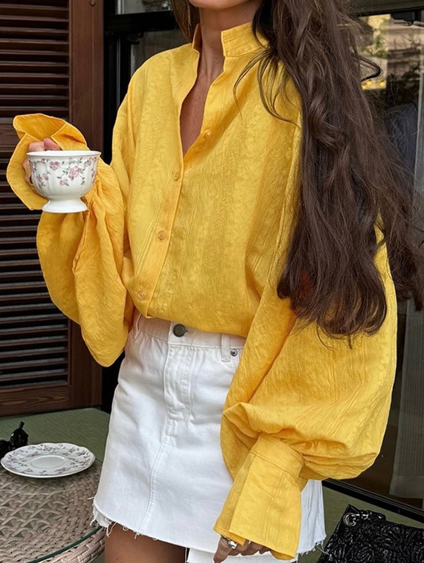 Loose lapel lantern sleeve long-sleeved shirt