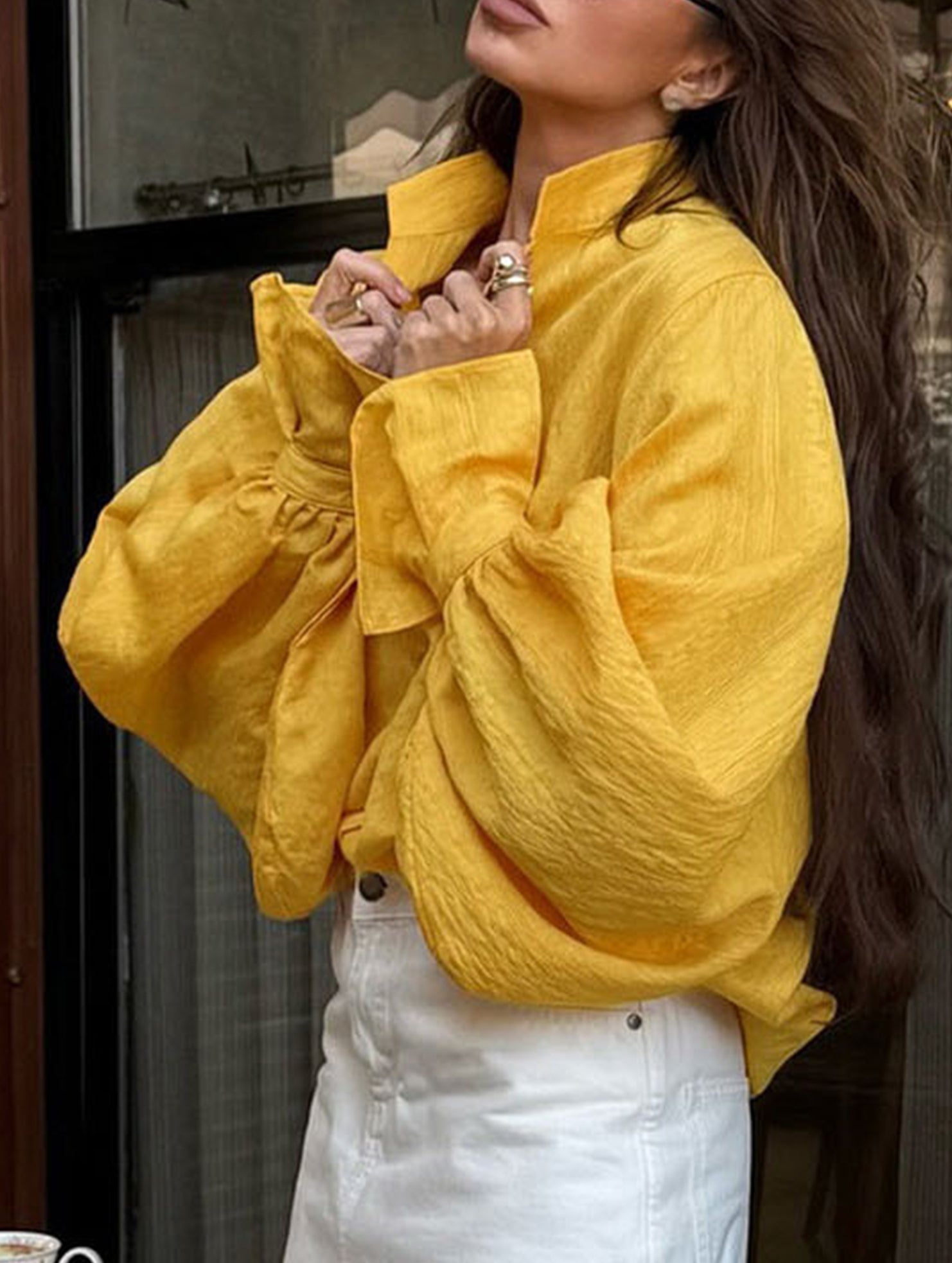 Loose lapel lantern sleeve long-sleeved shirt