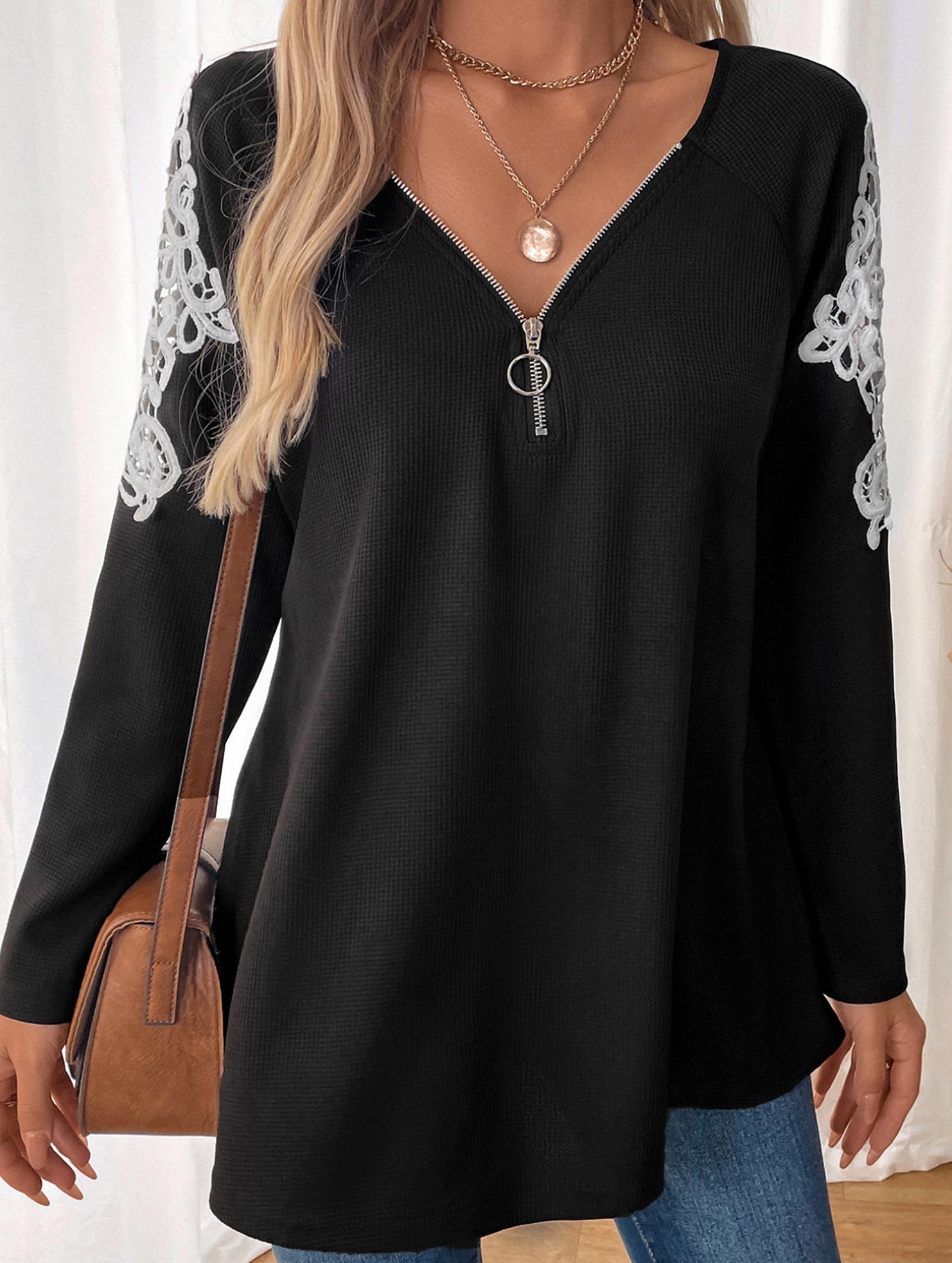 Loose Embroidered Raglan Long Sleeve Top