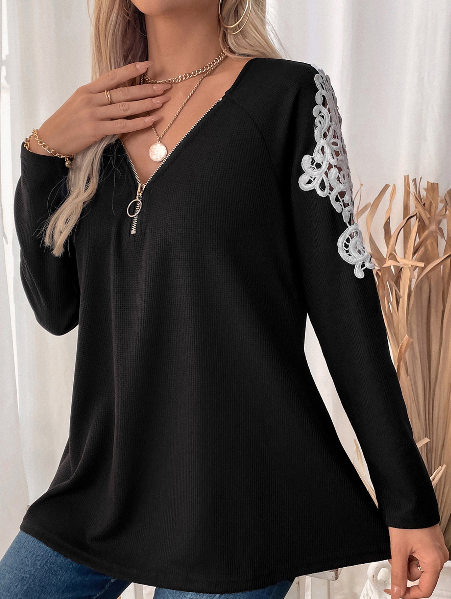 Loose Embroidered Raglan Long Sleeve Top