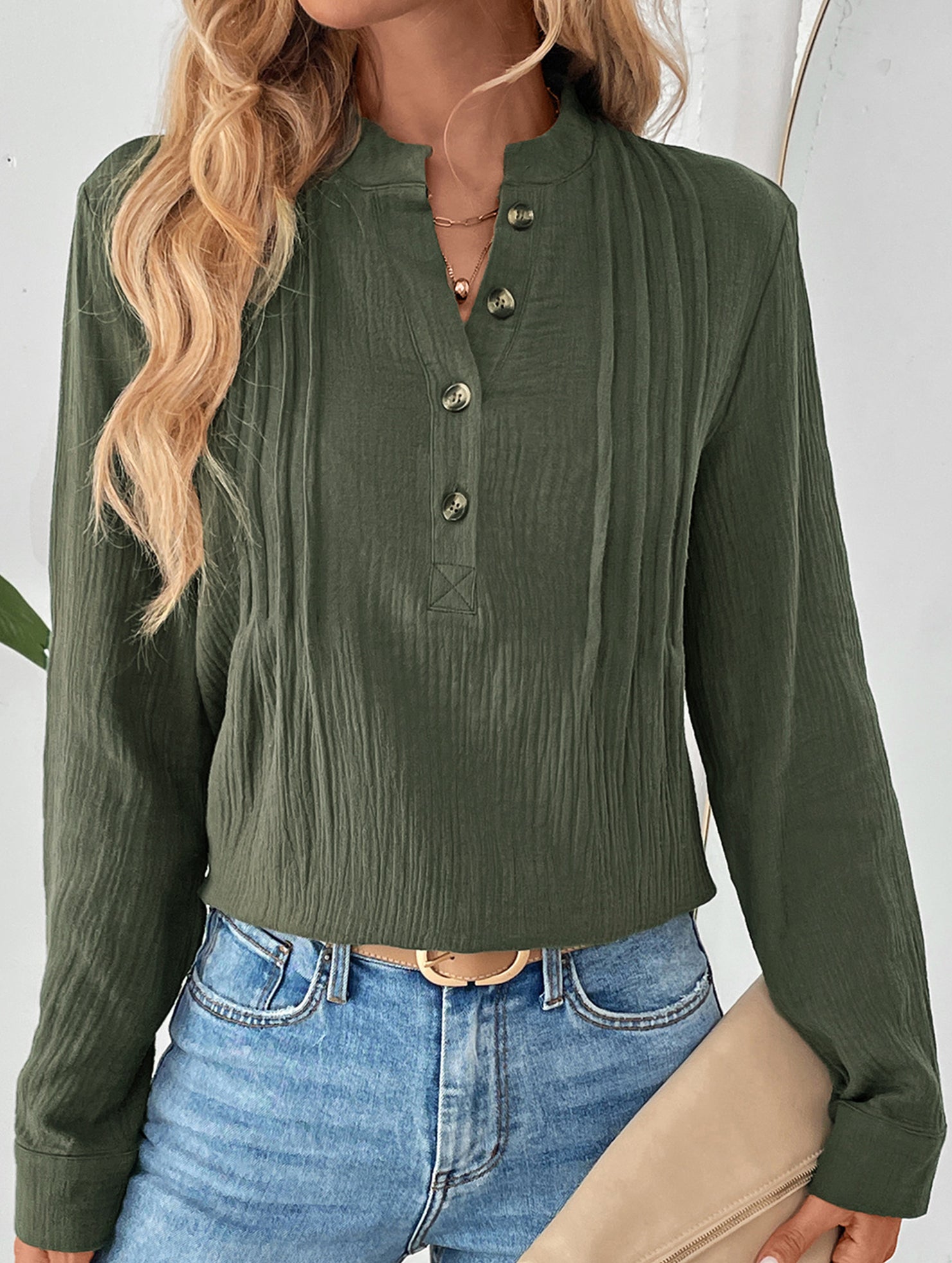 Vintage pleated stand collar half-open shirt