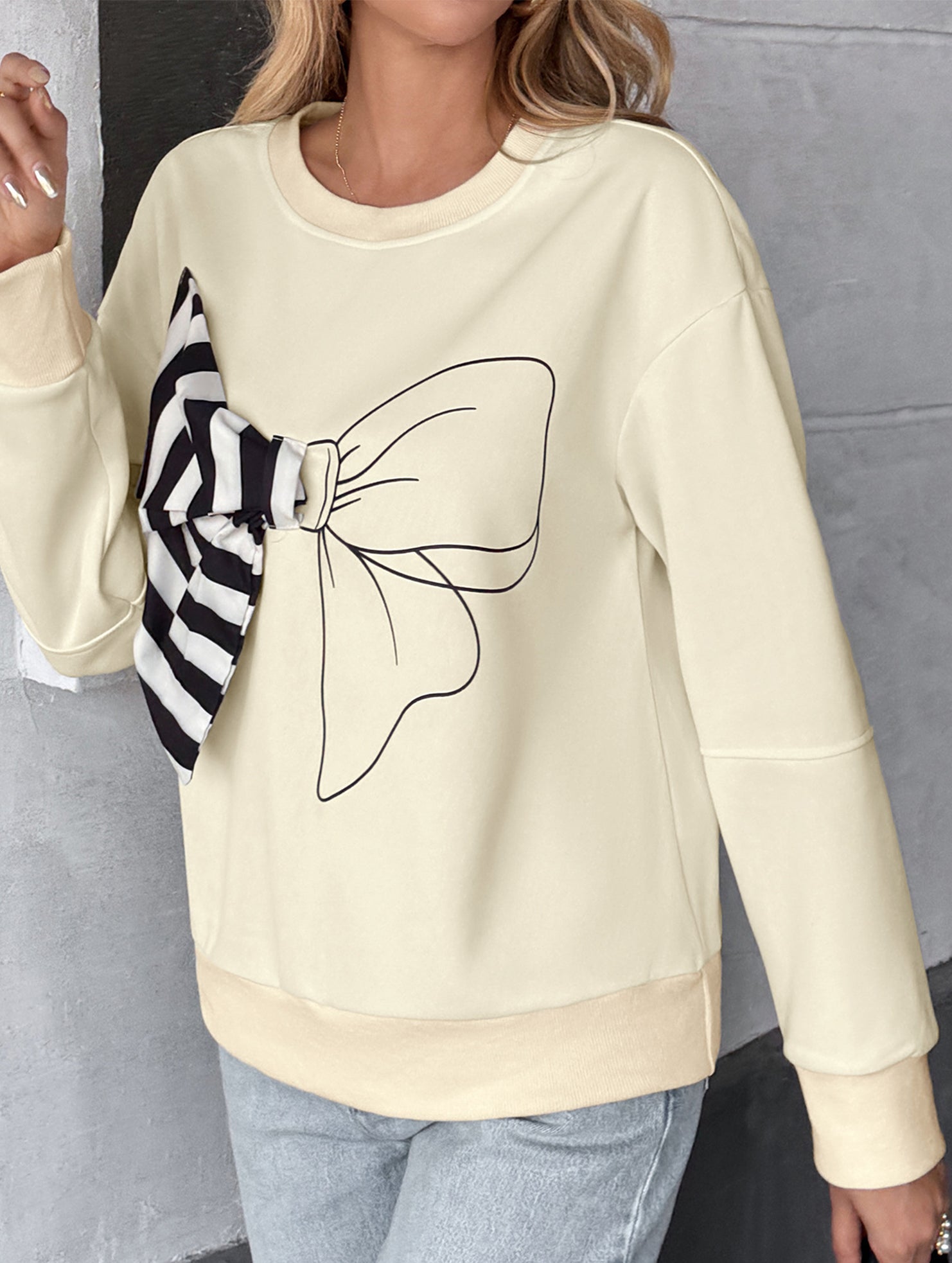 Casual striped bow crew neck pullover sweatshirt