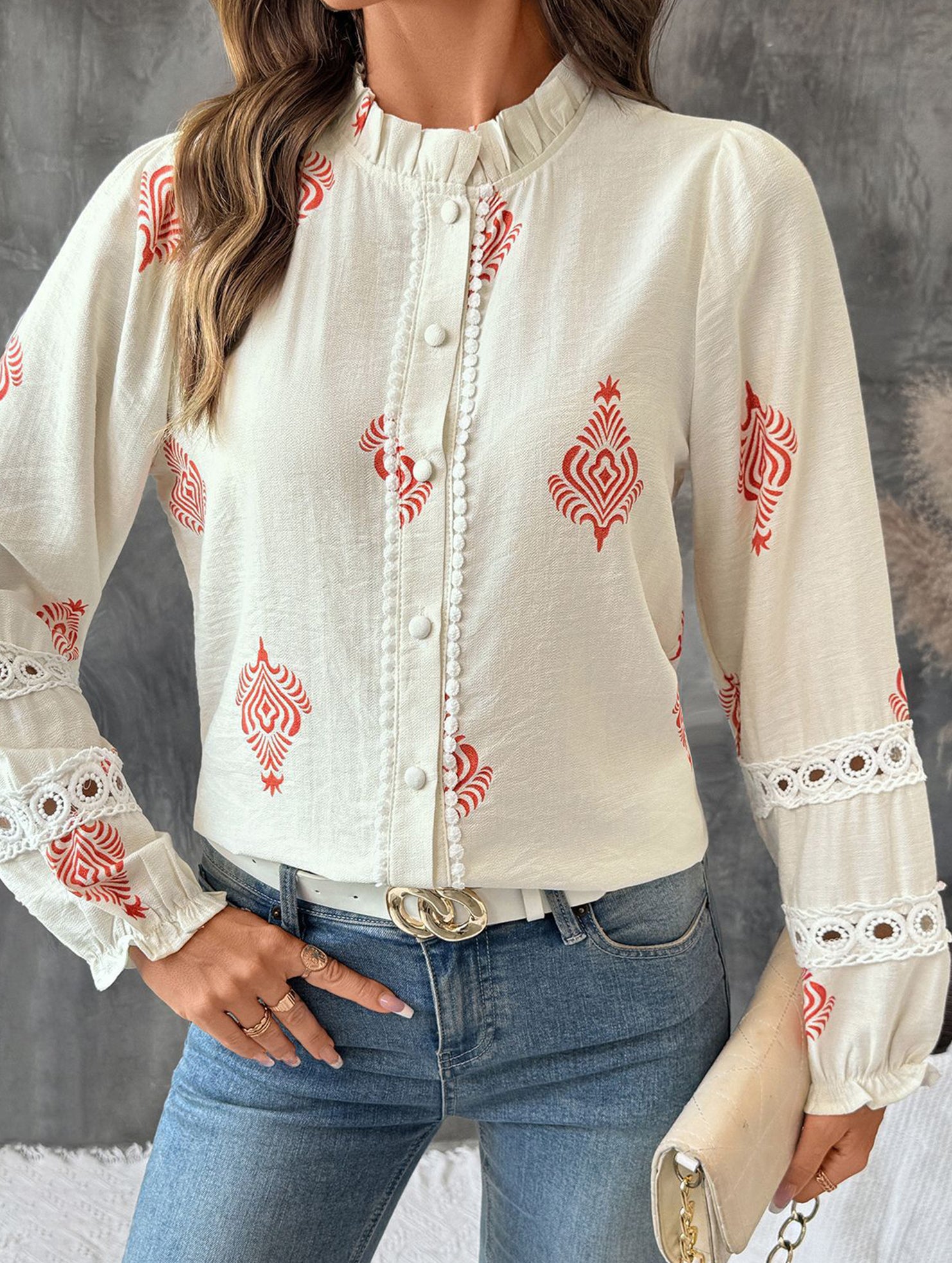 Lace Panel Round Neck Cardigan Shirt