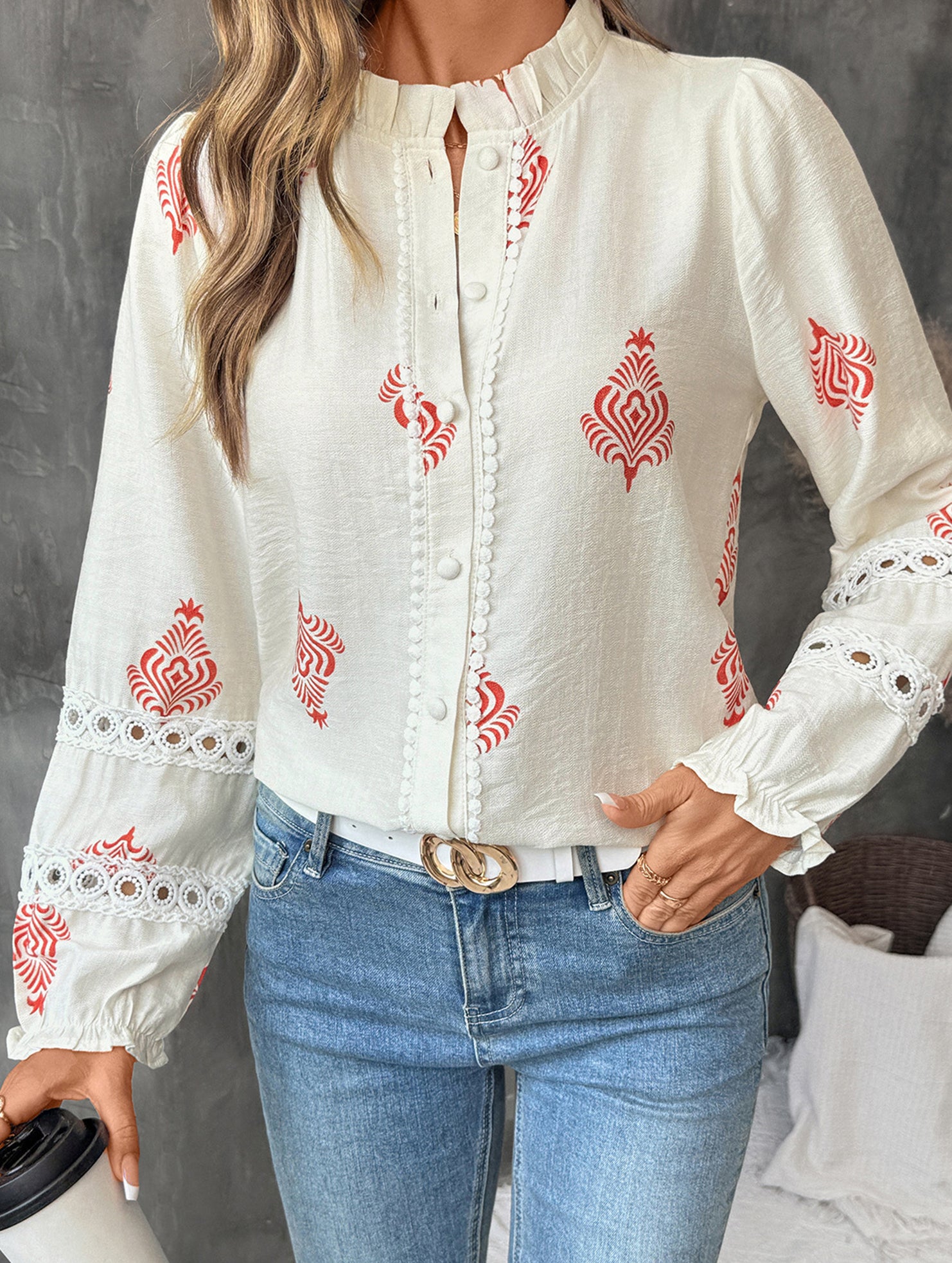Lace Panel Round Neck Cardigan Shirt