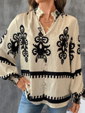 Open-collar vintage print long-sleeved shirt