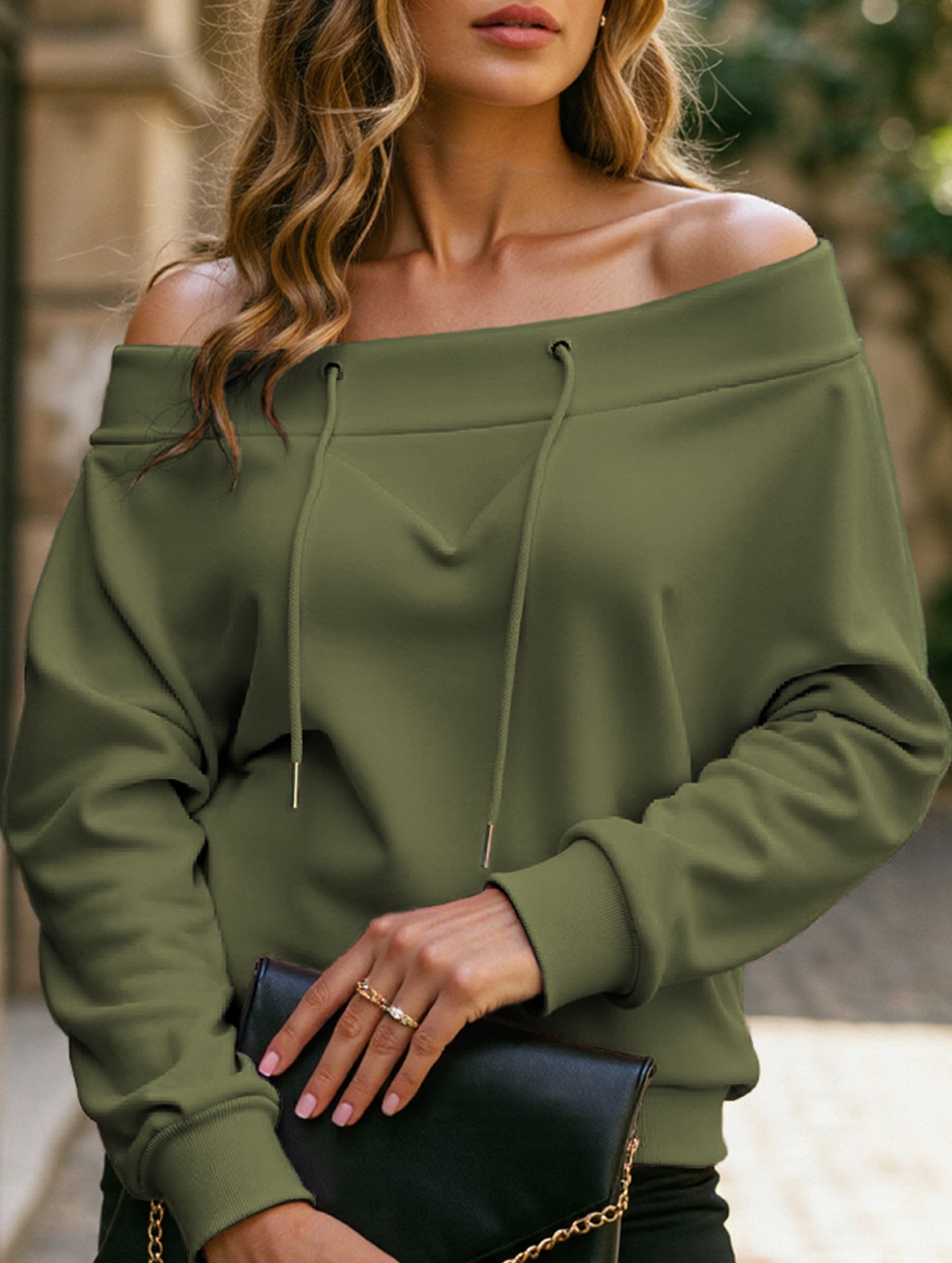Loose casual drawstring off-shoulder boat neck top