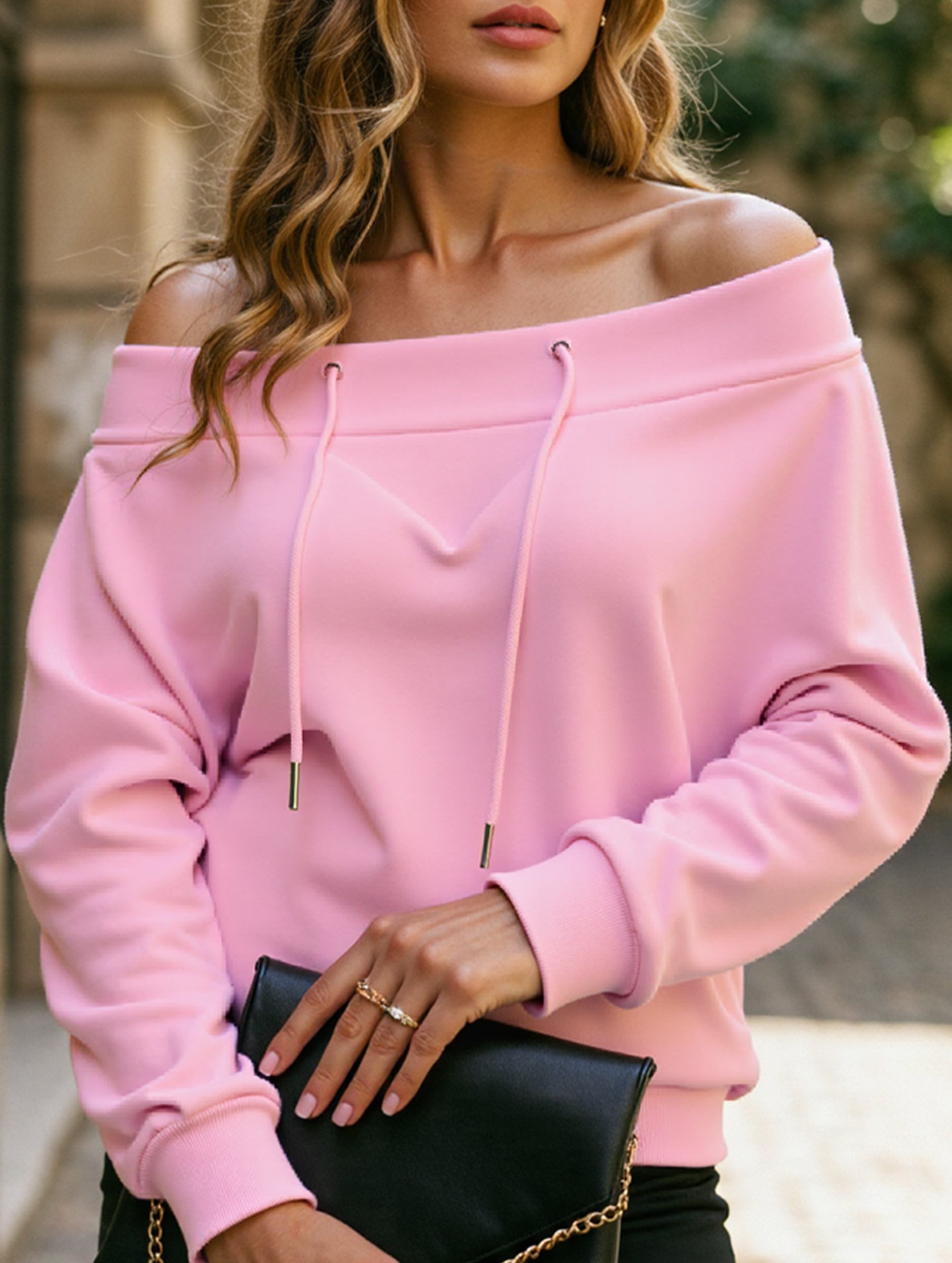 Loose casual drawstring off-shoulder boat neck top