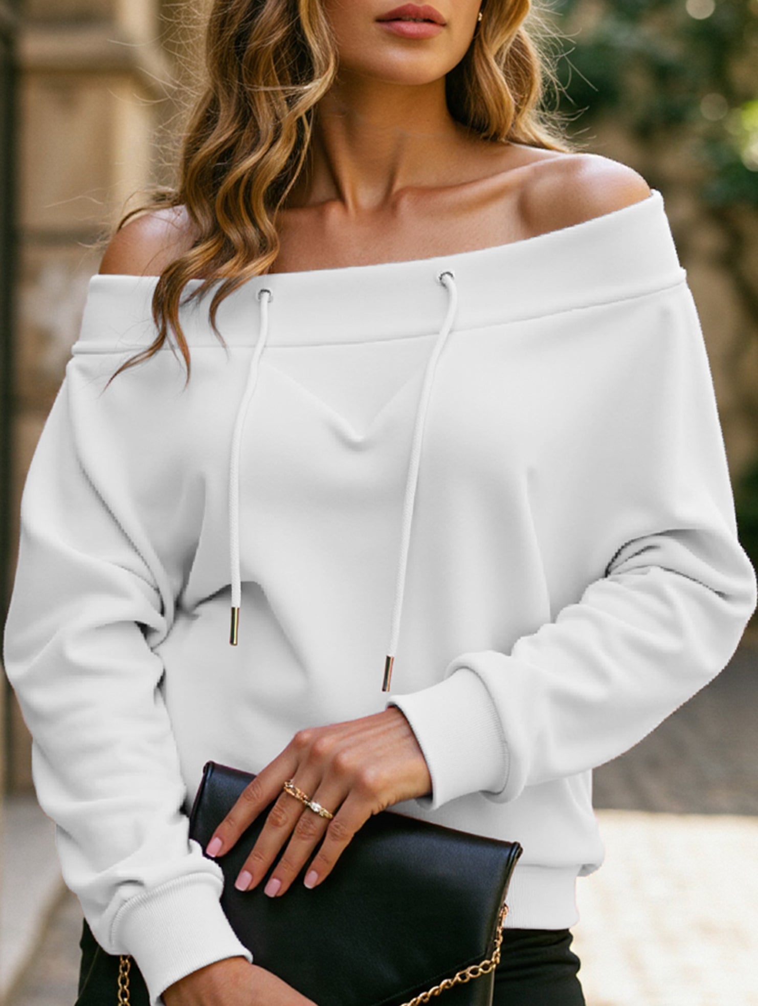 Loose casual drawstring off-shoulder boat neck top