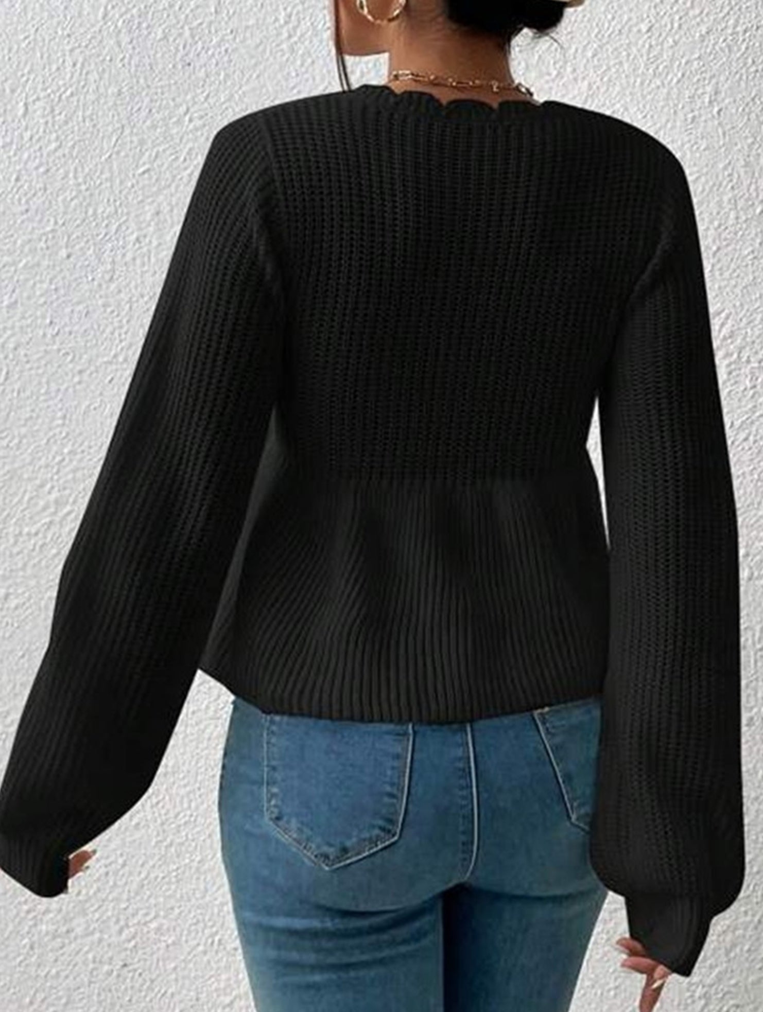 Loose V-neck drawstring knitted sweater