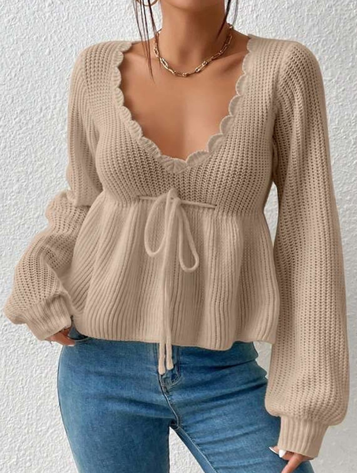 Loose V-neck drawstring knitted sweater