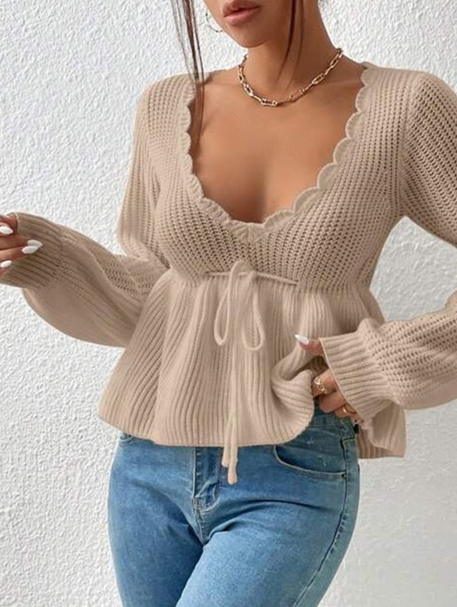 Loose V-neck drawstring knitted sweater