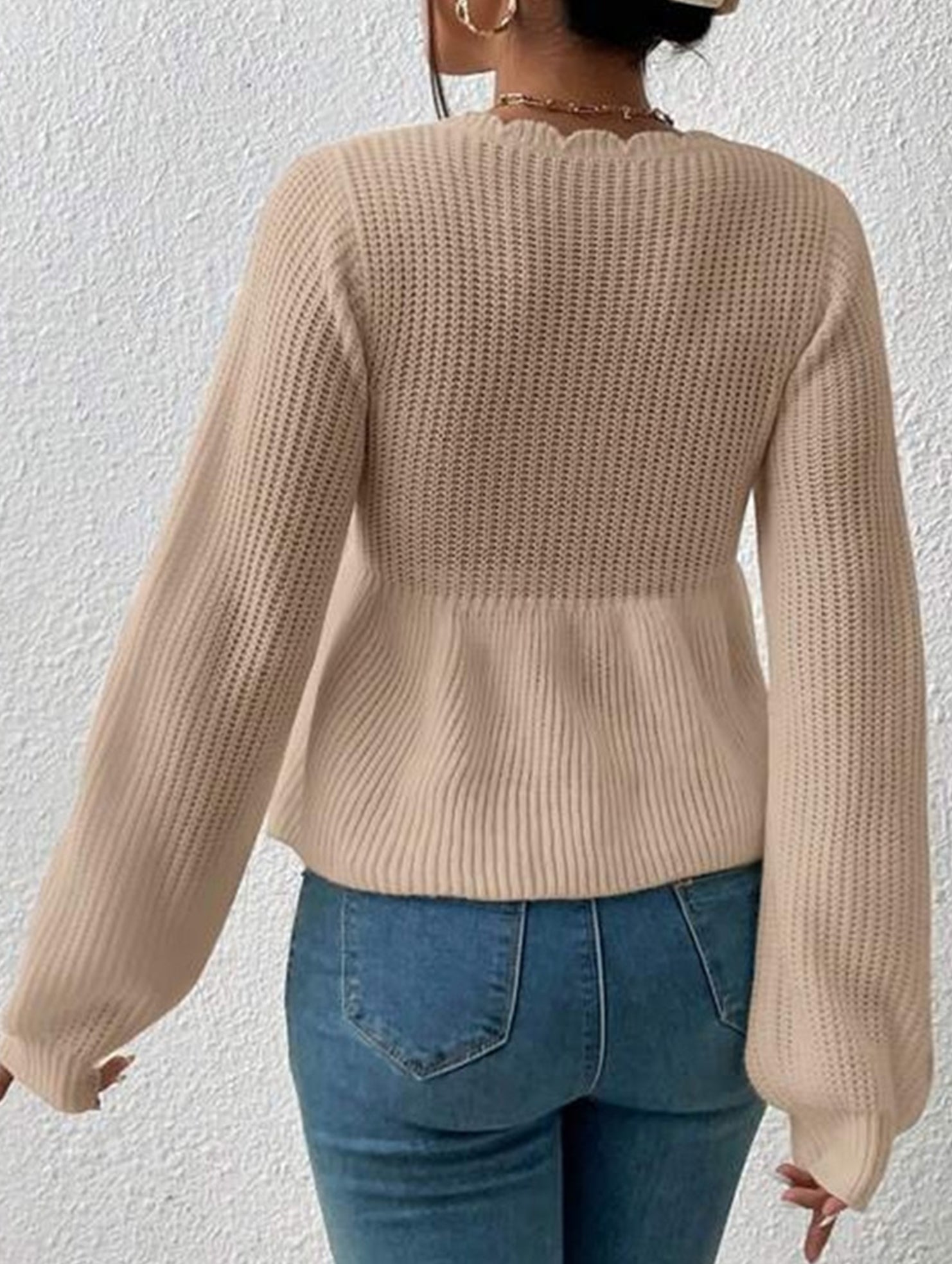 Loose V-neck drawstring knitted sweater