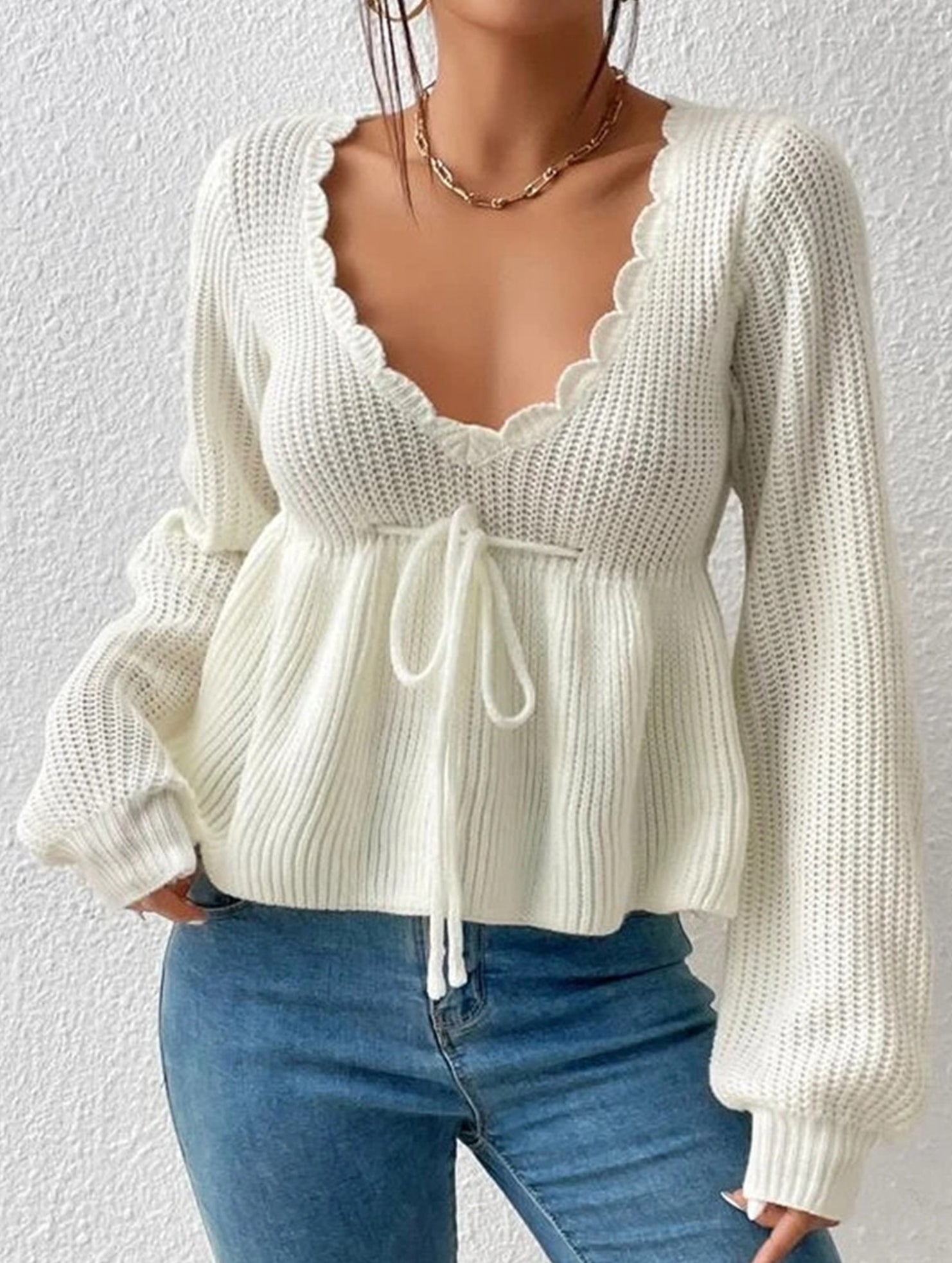 Loose V-neck drawstring knitted sweater