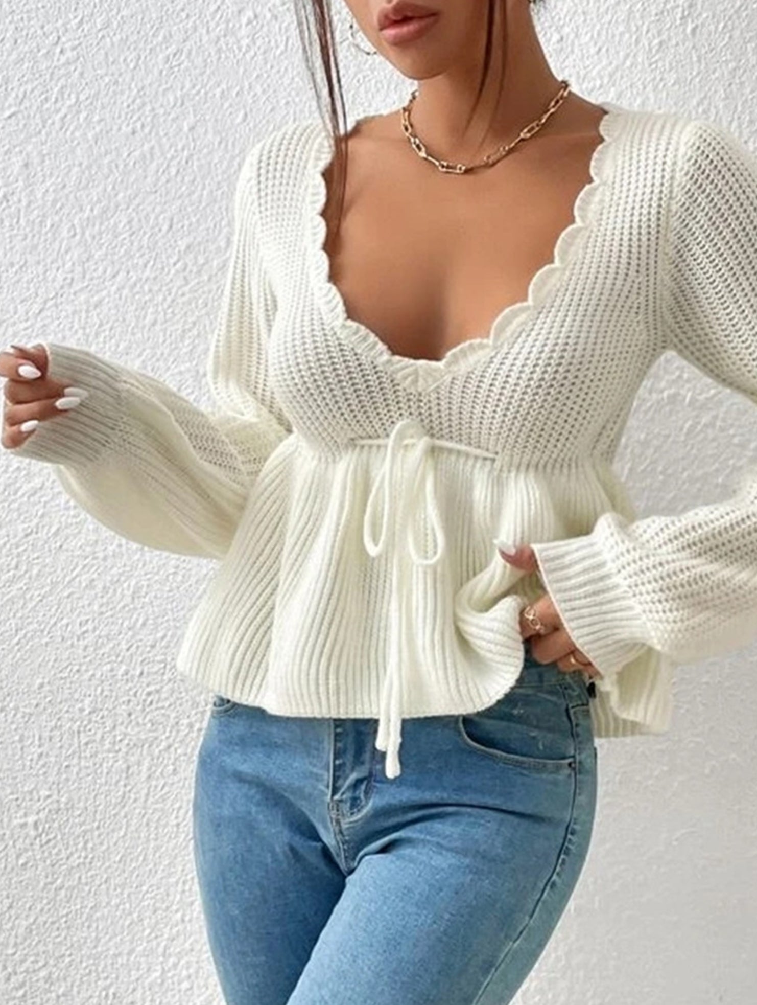 Loose V-neck drawstring knitted sweater