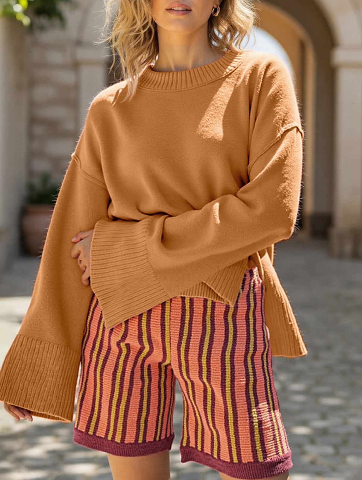 Round neck flared sleeve pullover sweater