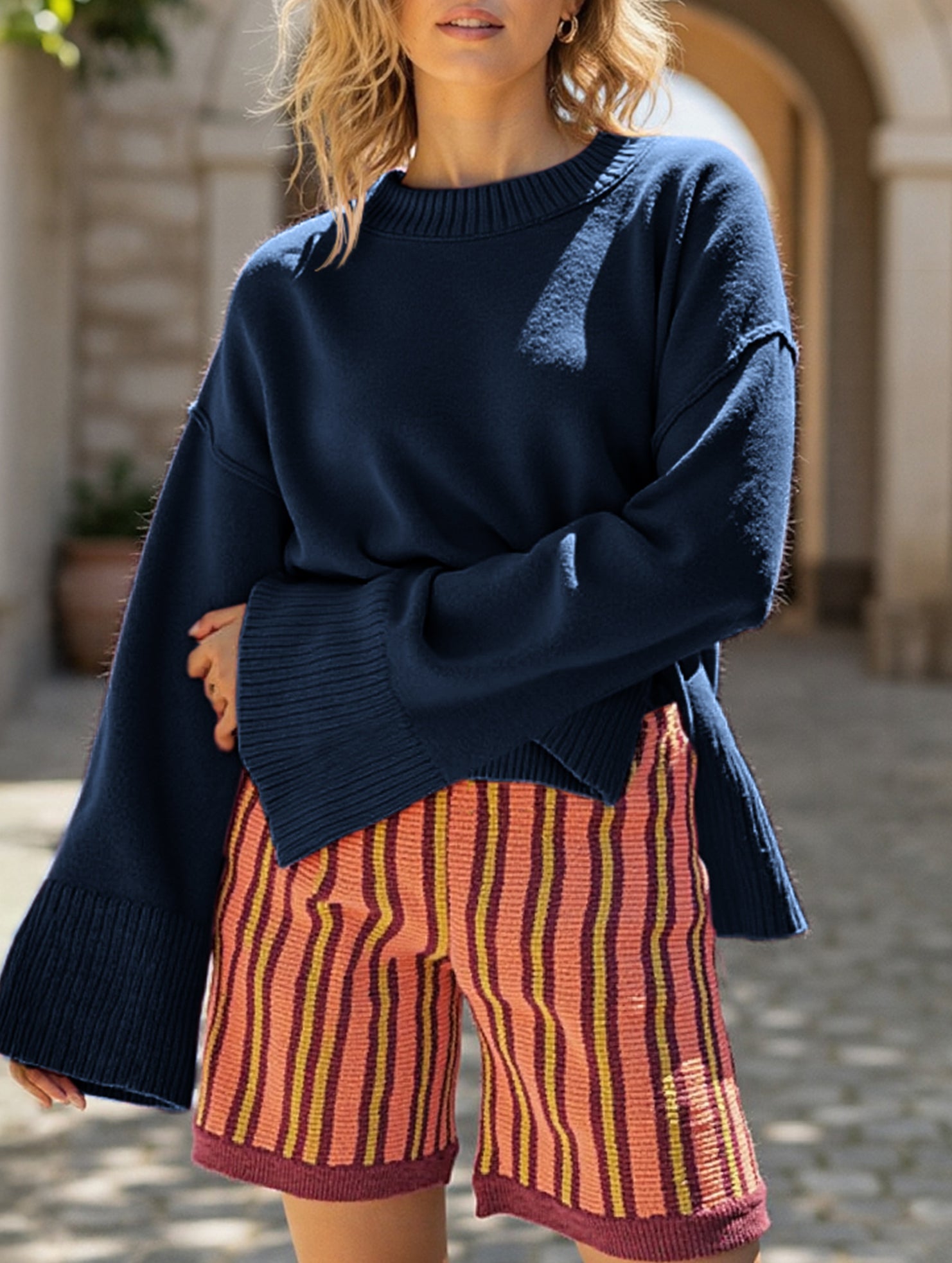 Round neck flared sleeve pullover sweater