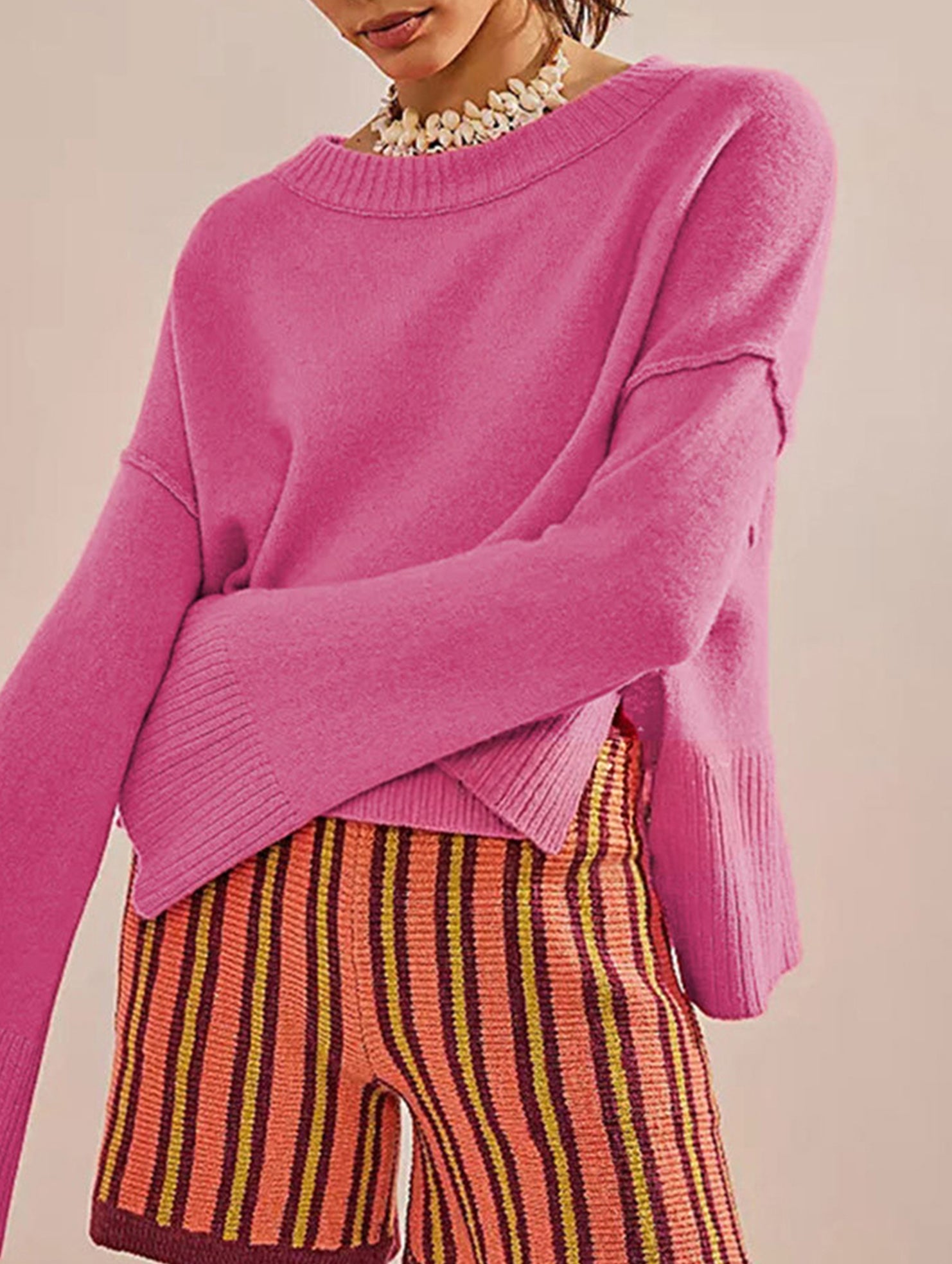 Round neck flared sleeve pullover sweater