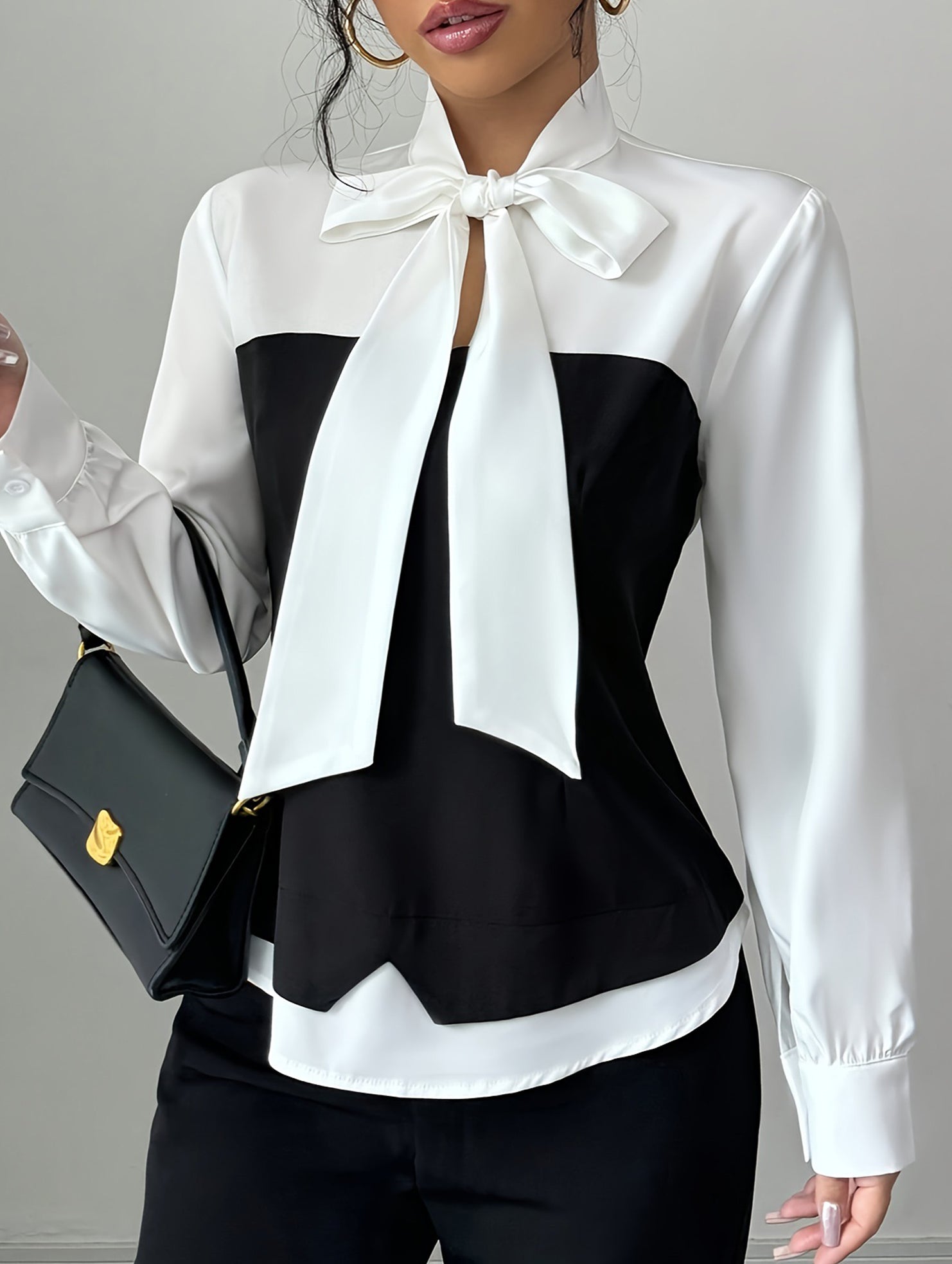 Simple bow long-sleeved shirt