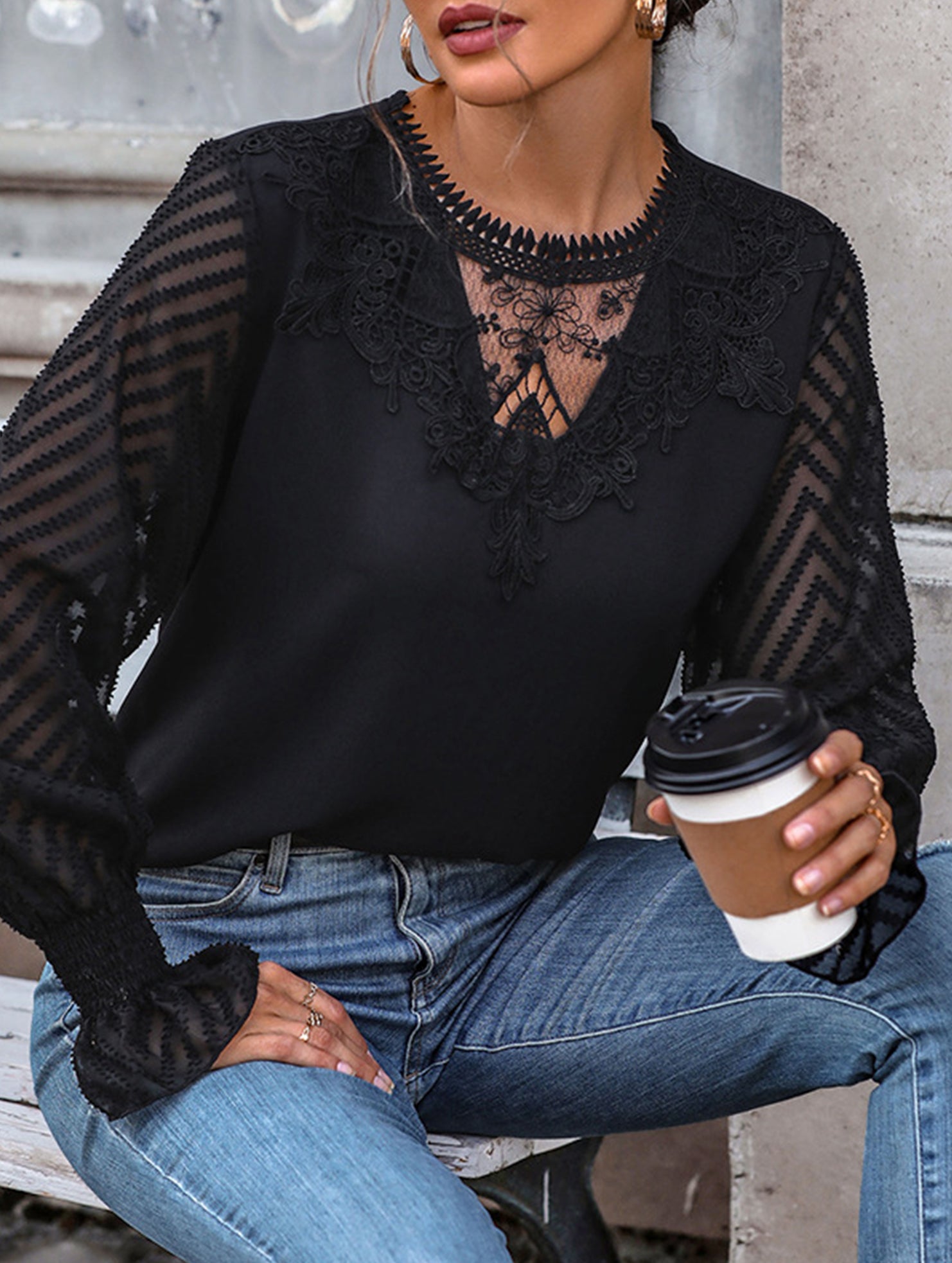 Lace-trimmed pullover shirt
