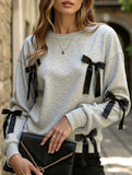 Grey bow-decorated crew neck sweatshirt