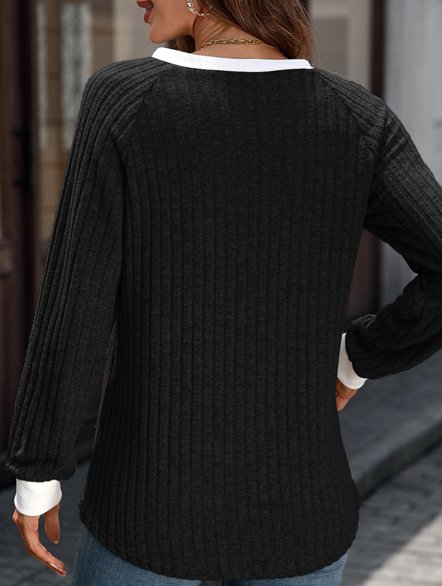 Contrast color V-neck loose long-sleeved T-shirt top