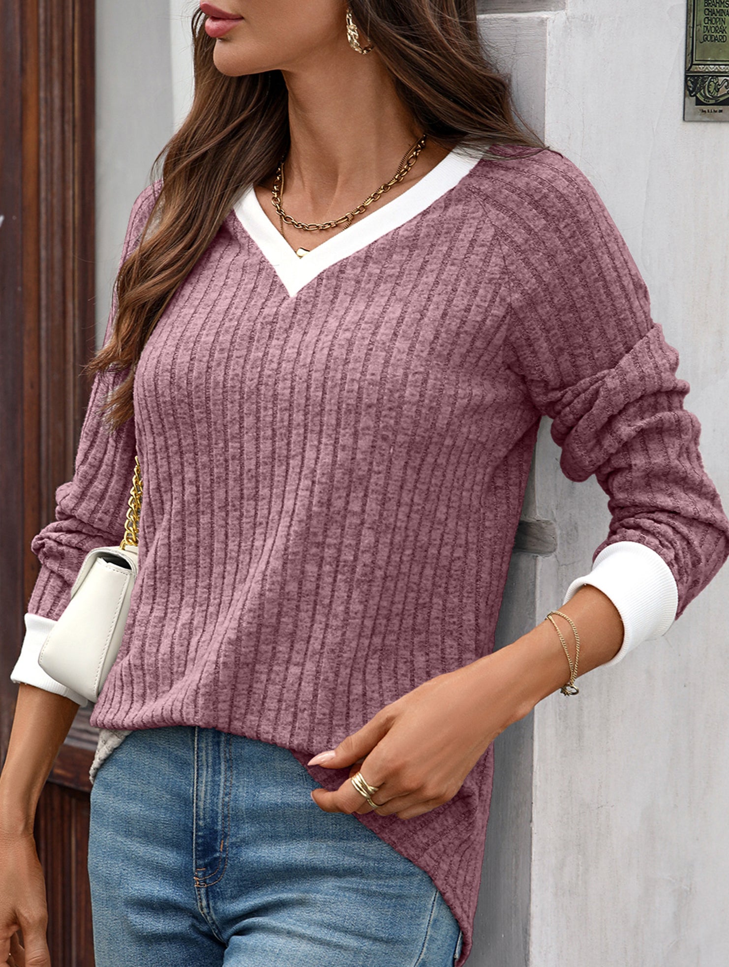 Contrast color V-neck loose long-sleeved T-shirt top