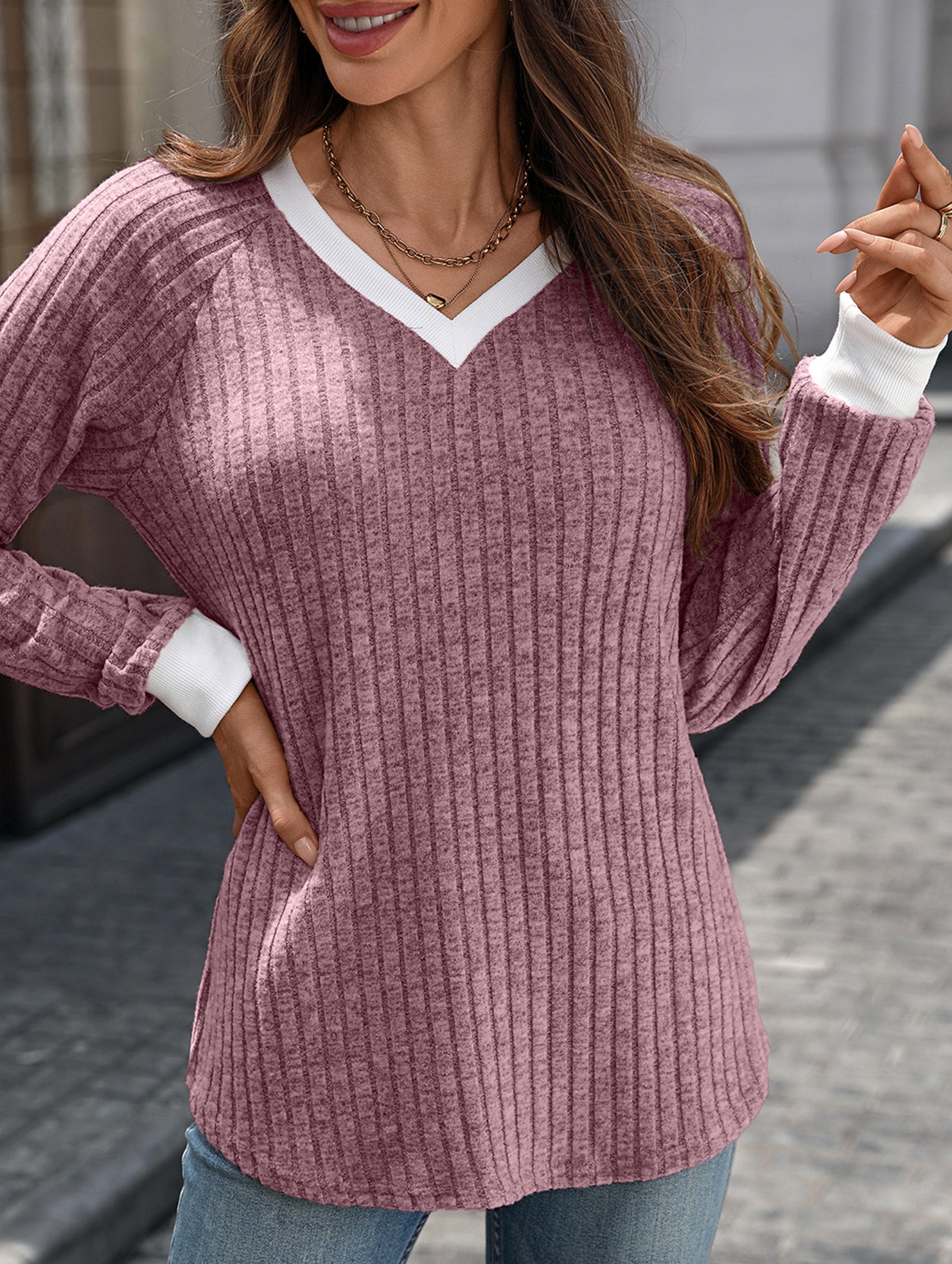 Contrast color V-neck loose long-sleeved T-shirt top