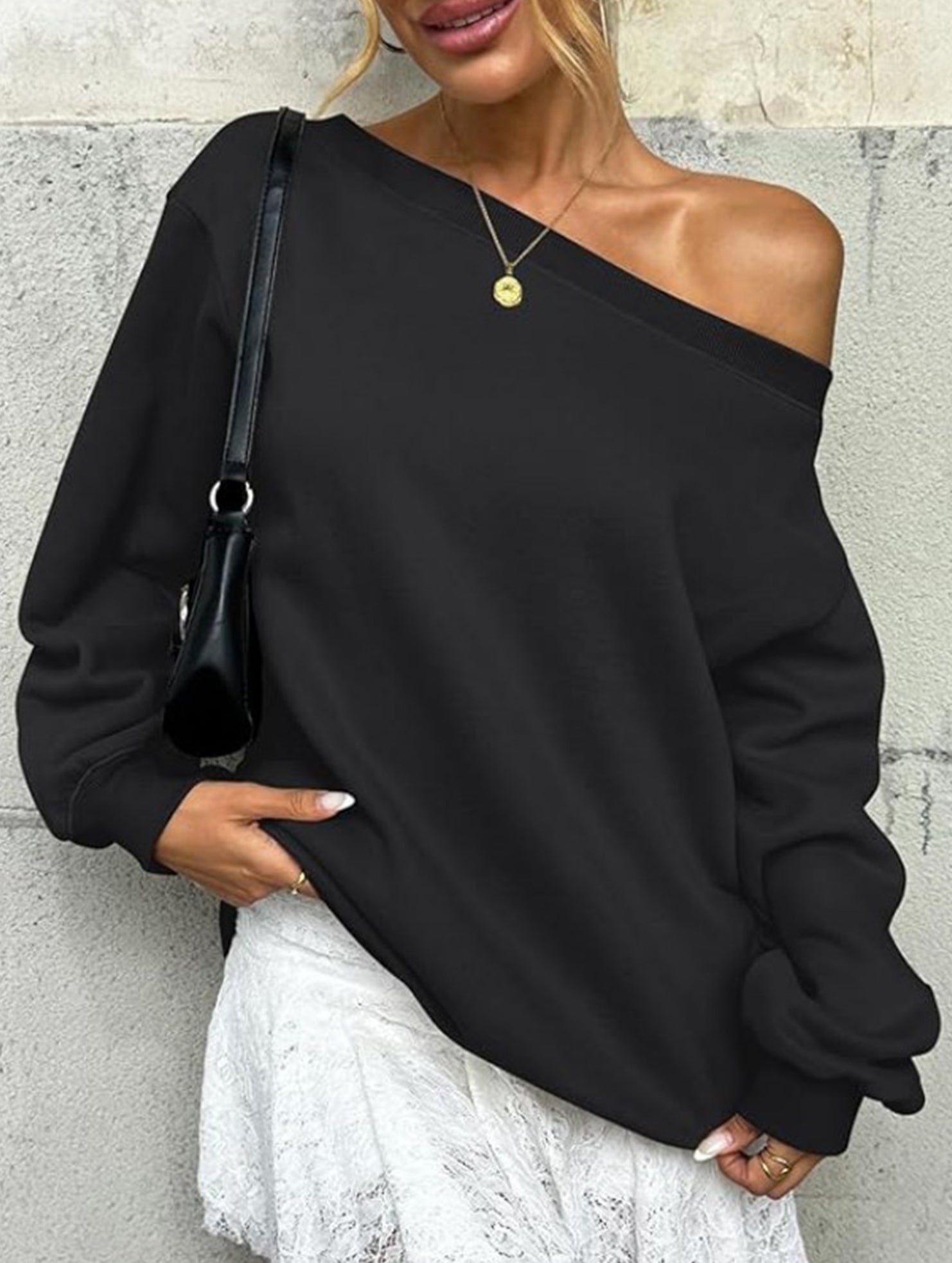 Casual solid color slant collar sweatshirt