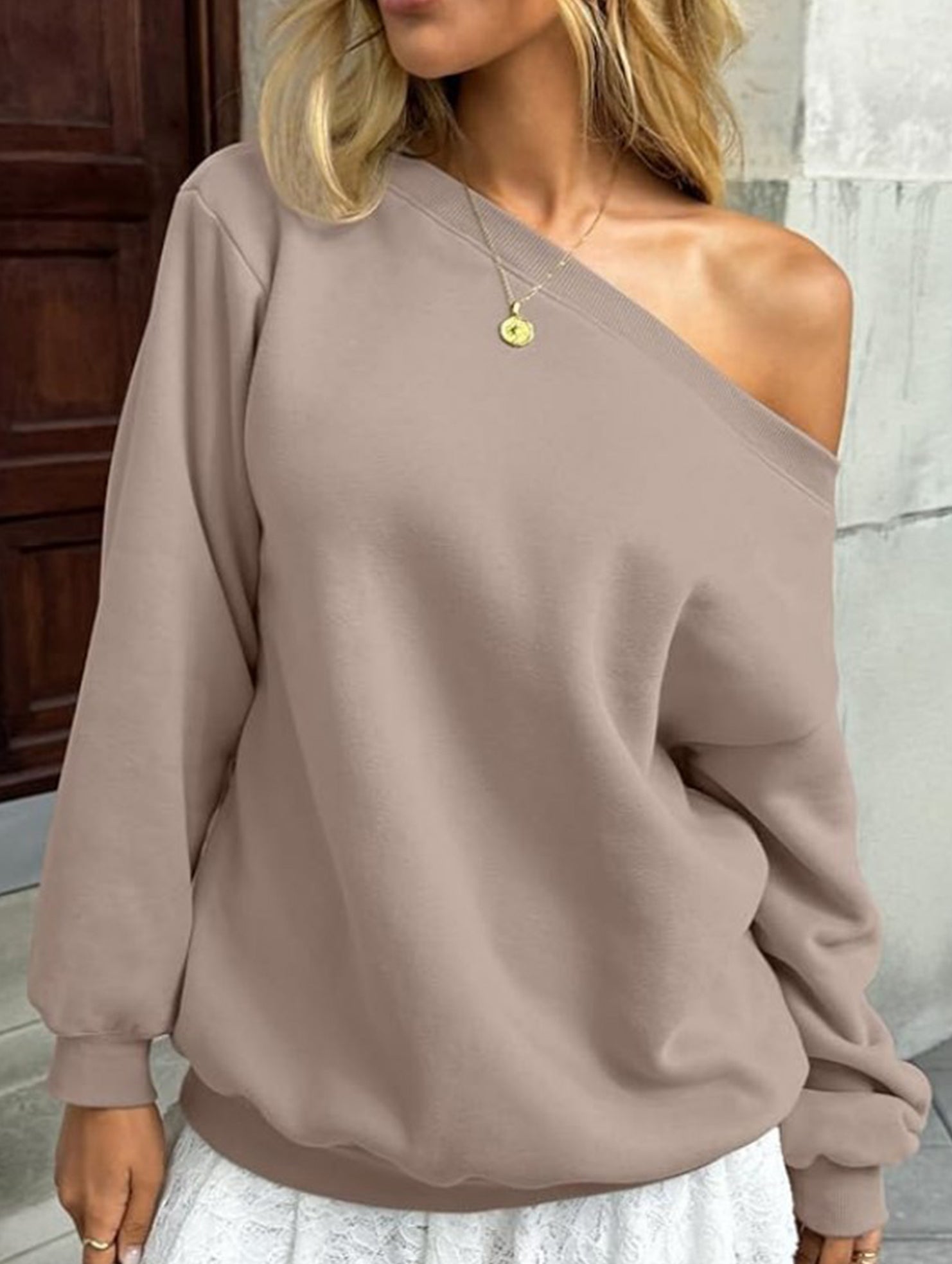 Casual solid color slant collar sweatshirt