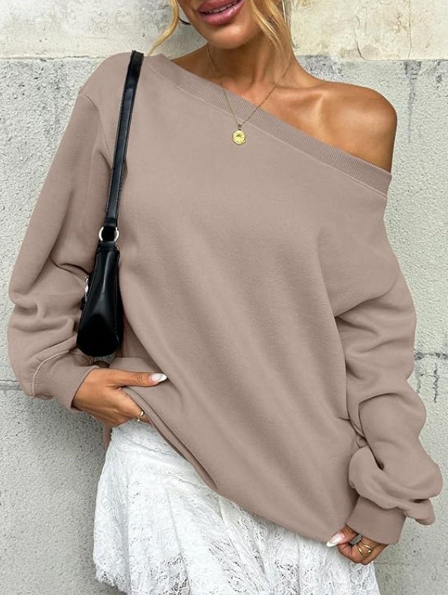 Casual solid color slant collar sweatshirt
