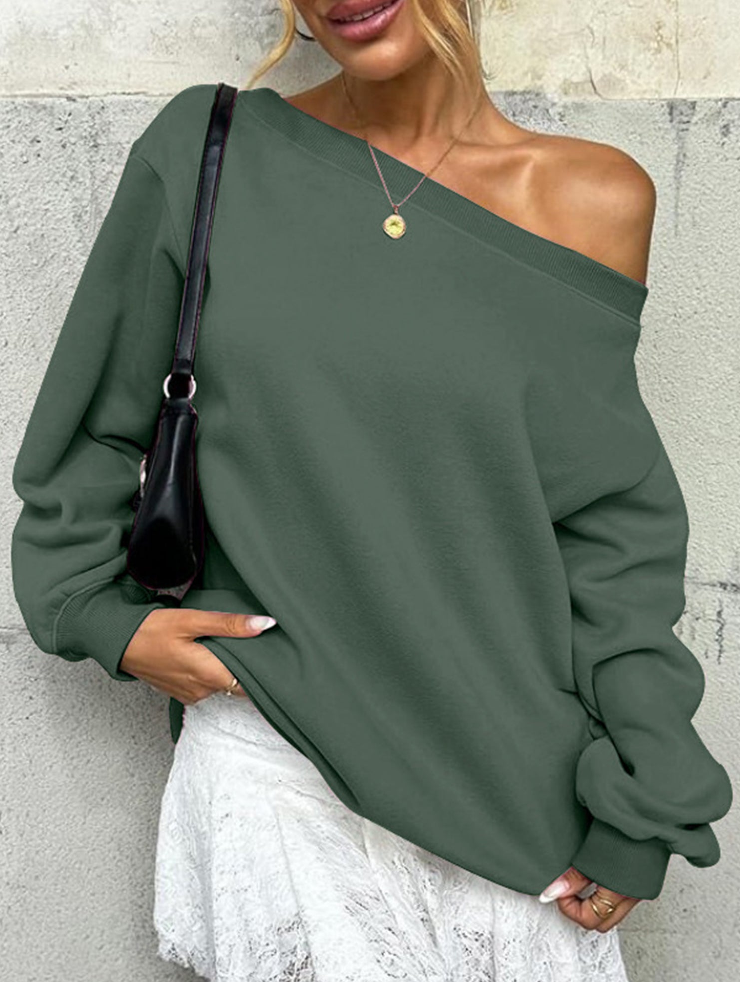 Casual solid color slant collar sweatshirt