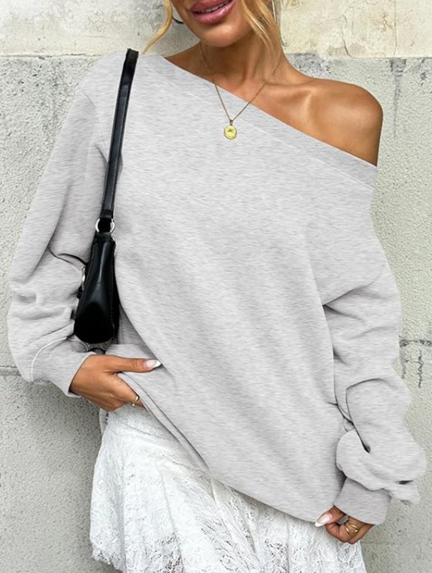 Casual solid color slant collar sweatshirt