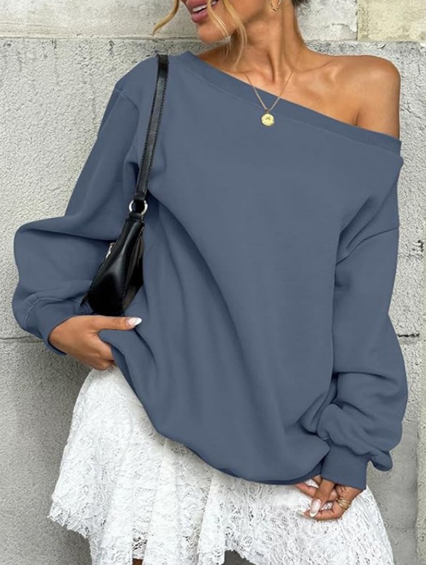 Casual solid color slant collar sweatshirt