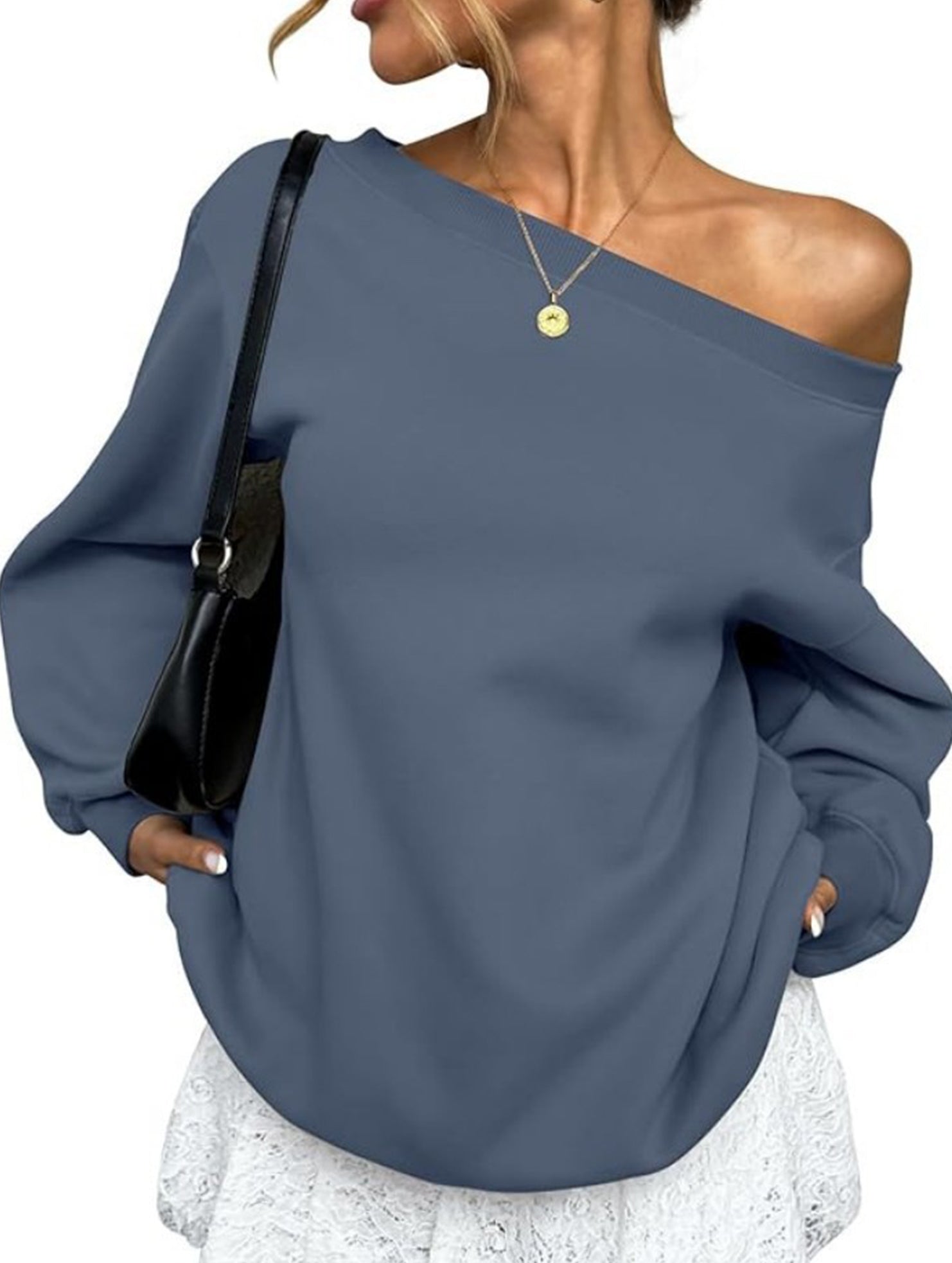 Casual solid color slant collar sweatshirt