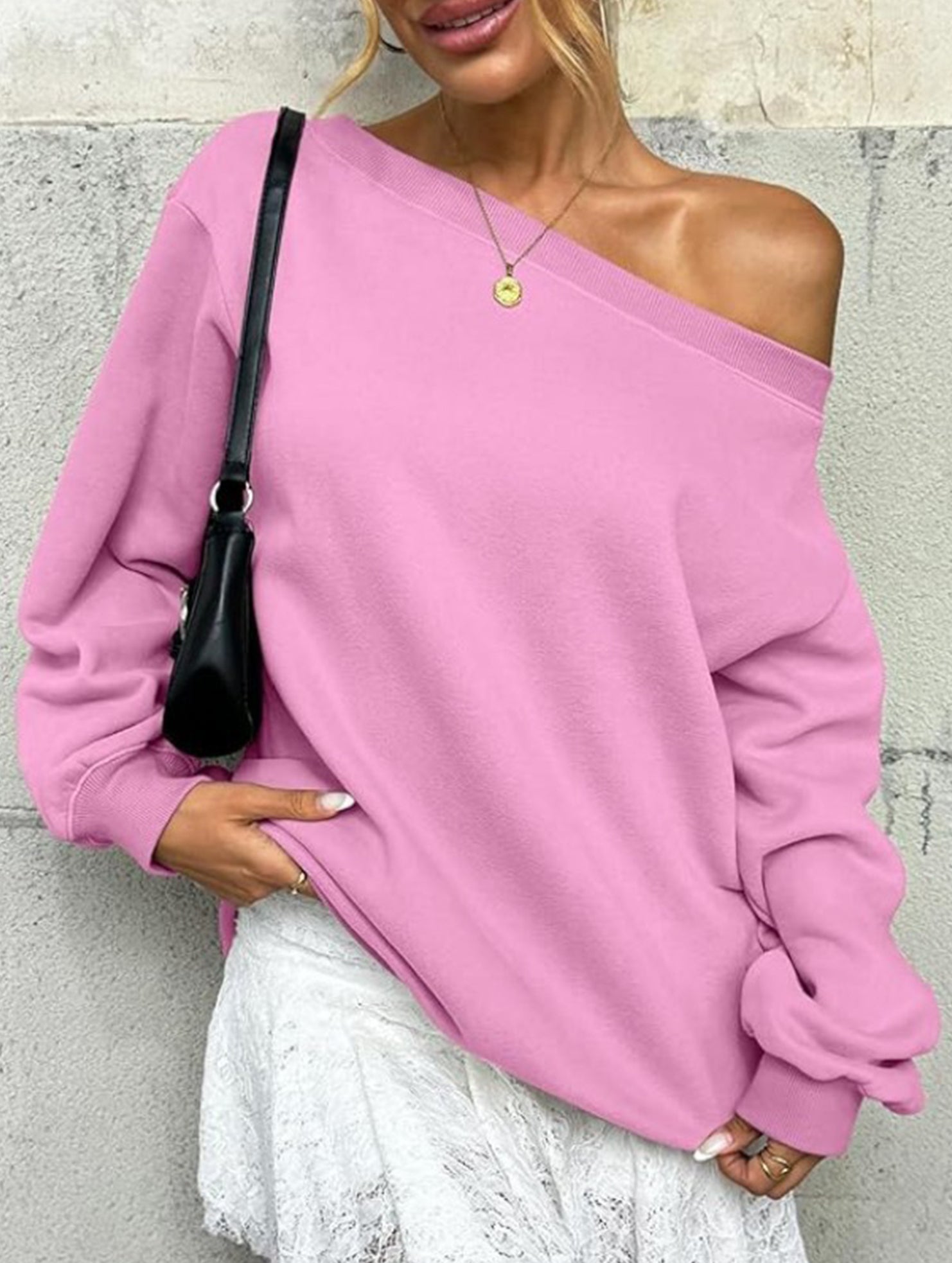 Casual solid color slant collar sweatshirt
