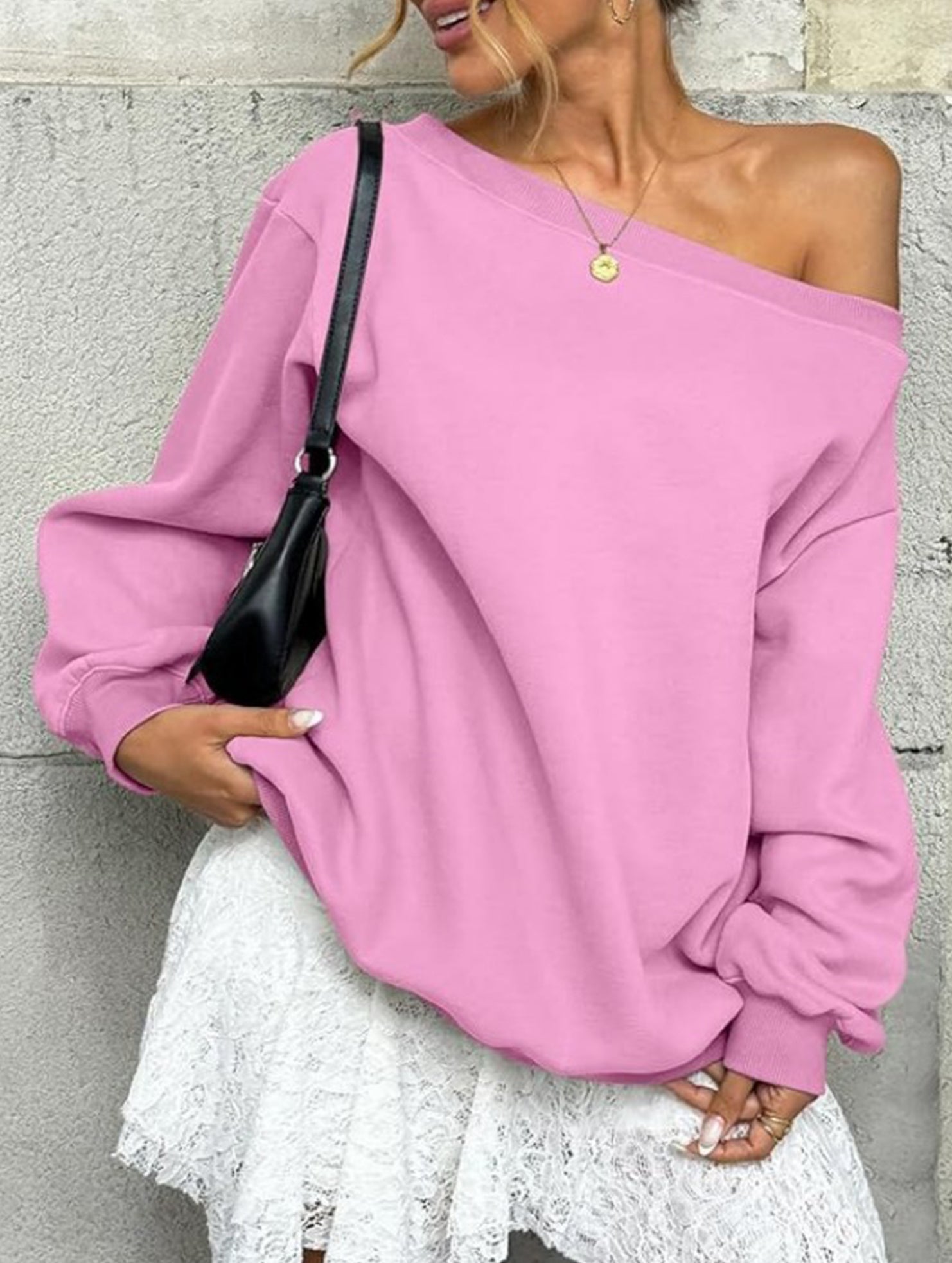 Casual solid color slant collar sweatshirt