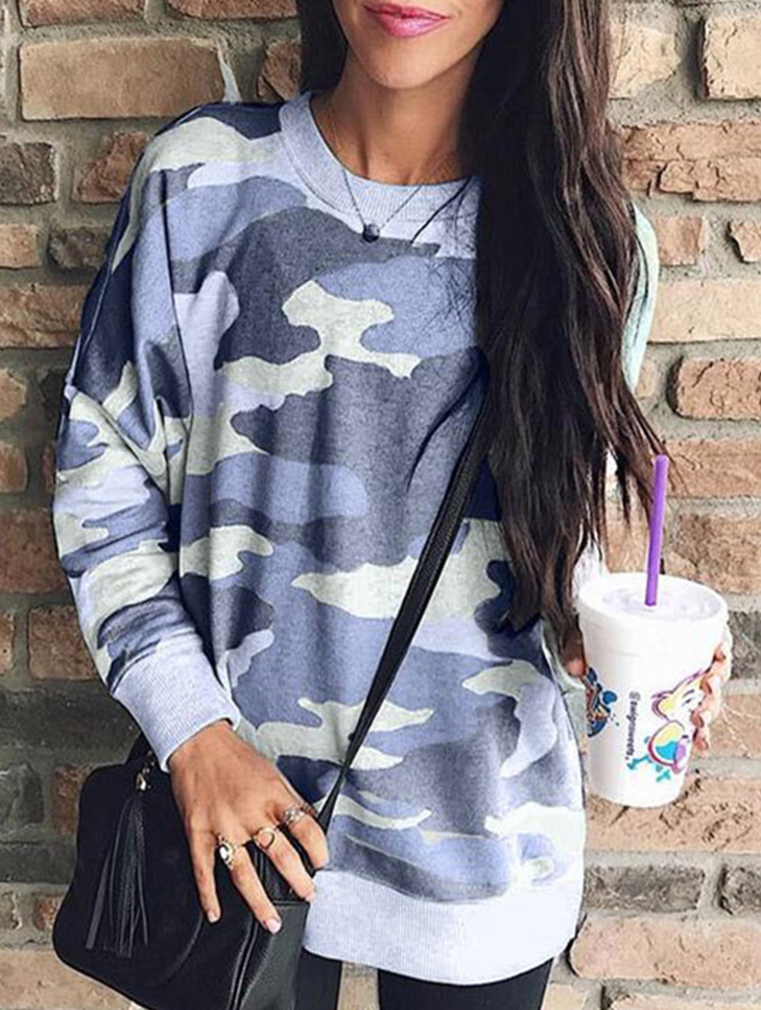 camouflage print crew neck long-sleeved top