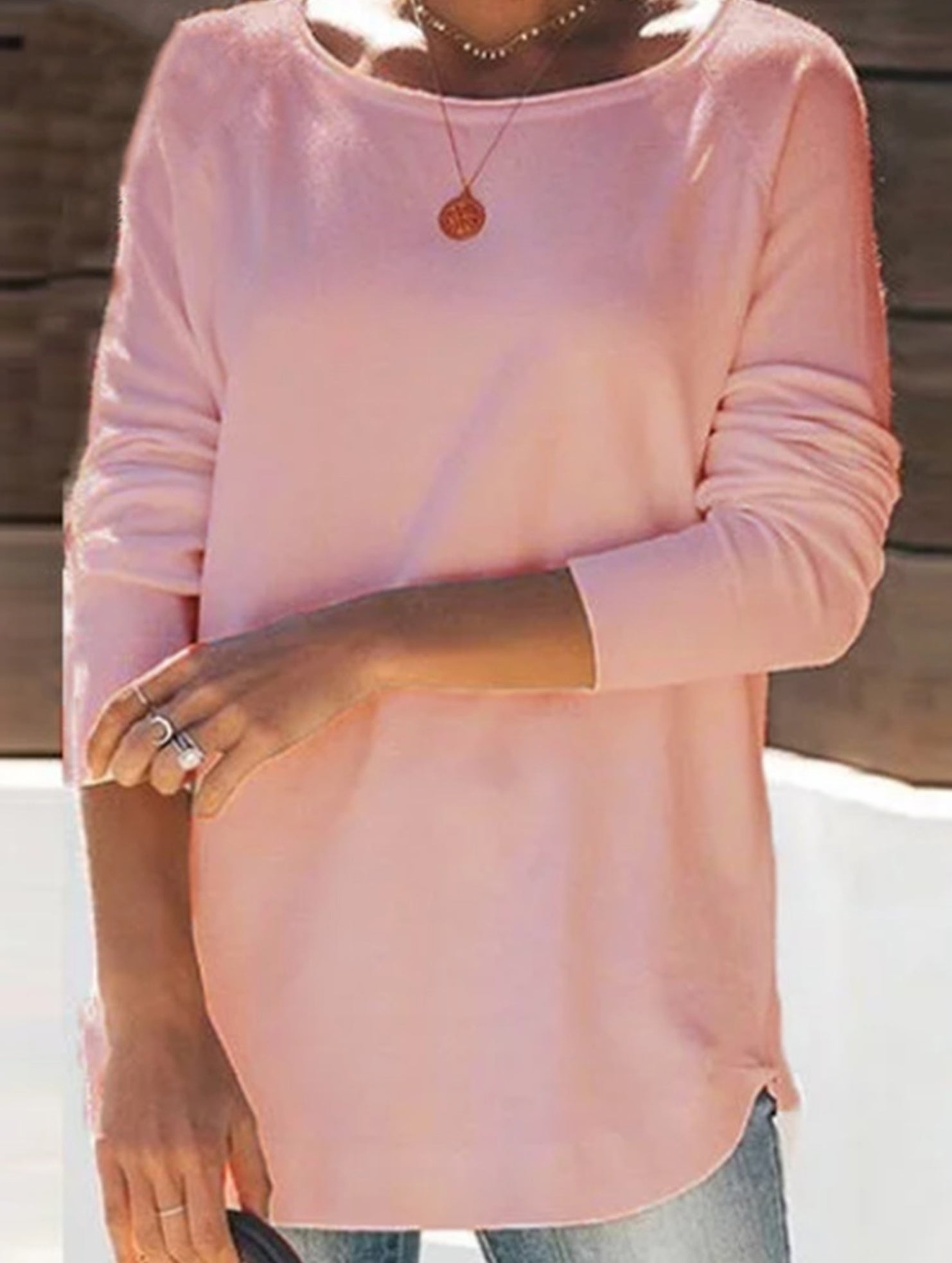 Round collar solid color casual top