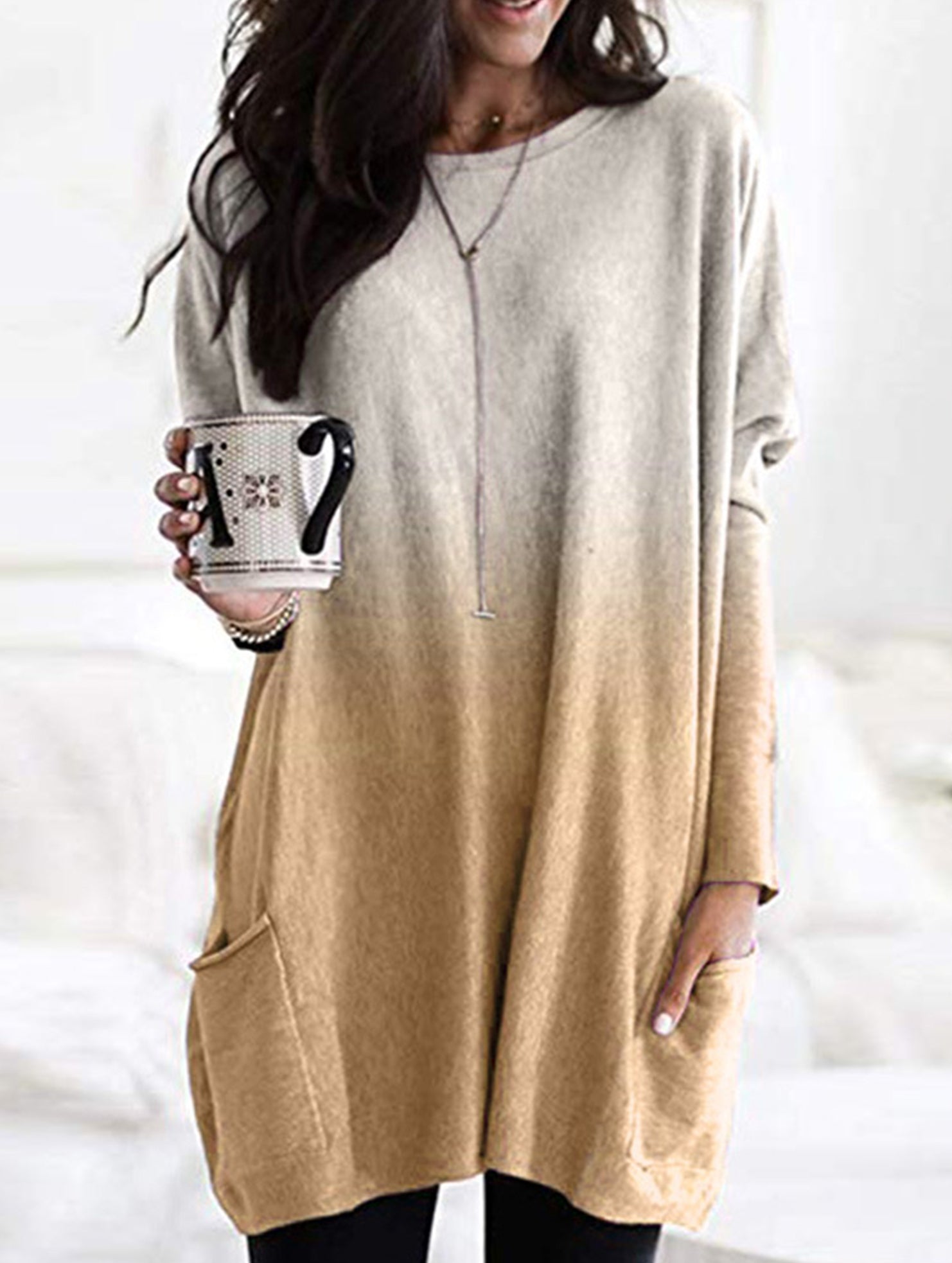 Gradient Color Long Sleeve Casual Pocket T-Shirt Top