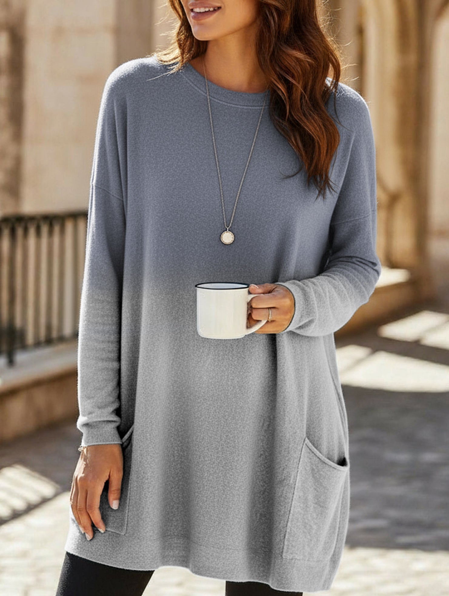 Gradient Color Long Sleeve Casual Pocket T-Shirt Top