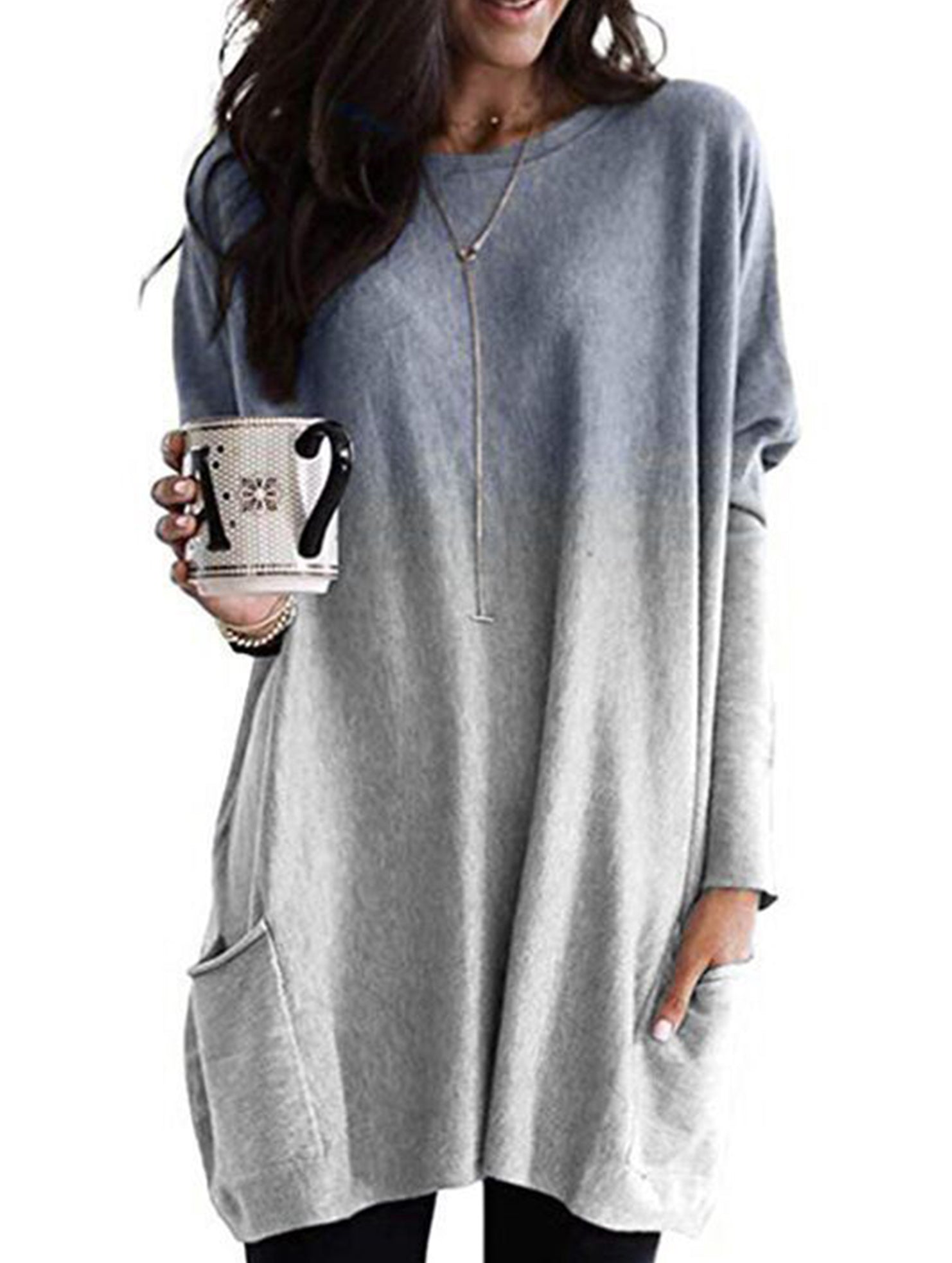 Gradient Color Long Sleeve Casual Pocket T-Shirt Top