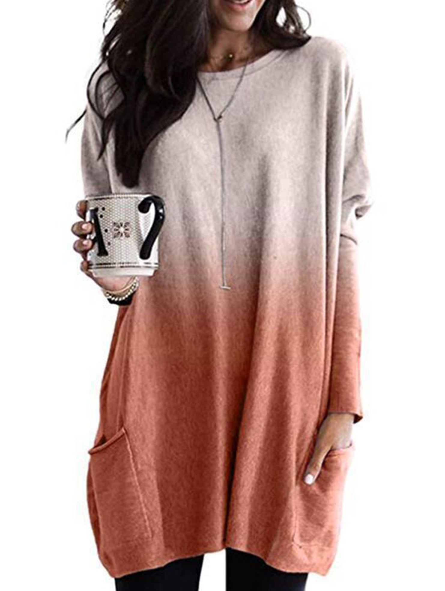 Gradient Color Long Sleeve Casual Pocket T-Shirt Top