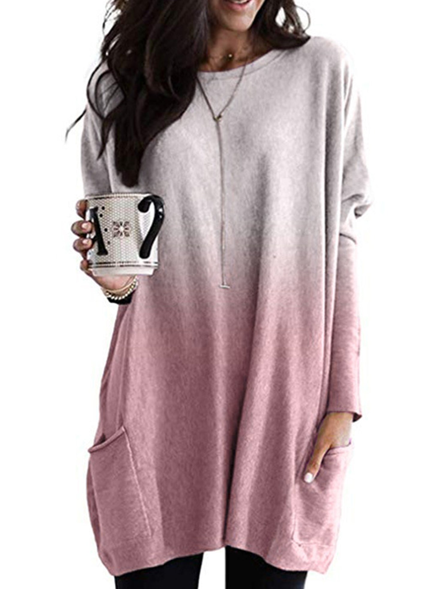 Gradient Color Long Sleeve Casual Pocket T-Shirt Top