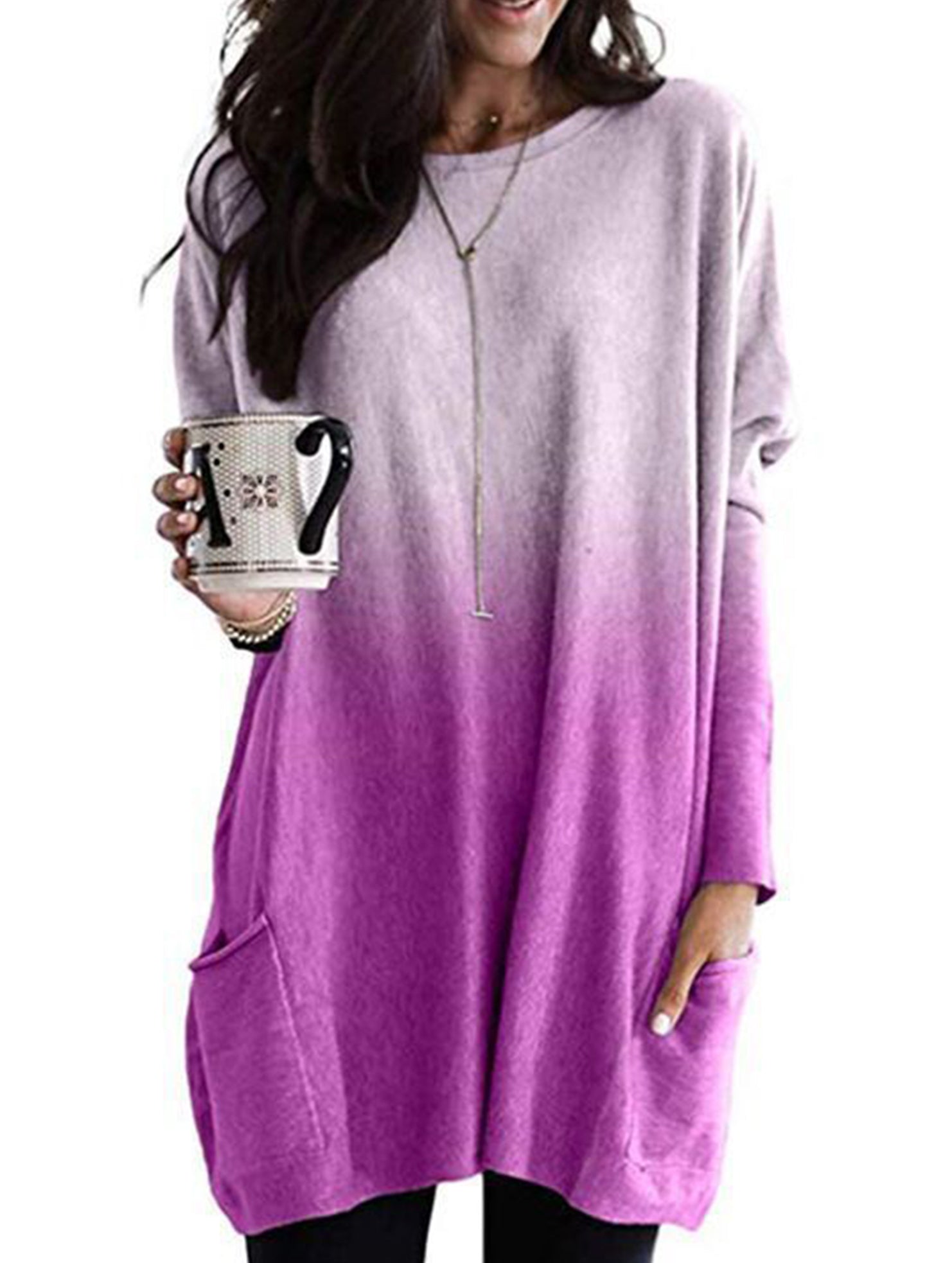 Gradient Color Long Sleeve Casual Pocket T-Shirt Top